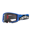 Alpinestars Supertech Stream Goggles, occhiali da motocross, blu e trasparente, montatura blu brillante con lente trasparente, ampia fascia regolabile blu e nera con logo 'astars' bianco, dettagli interni in schiuma rossa, protezione oculare professionale per competizioni off-road e motocross