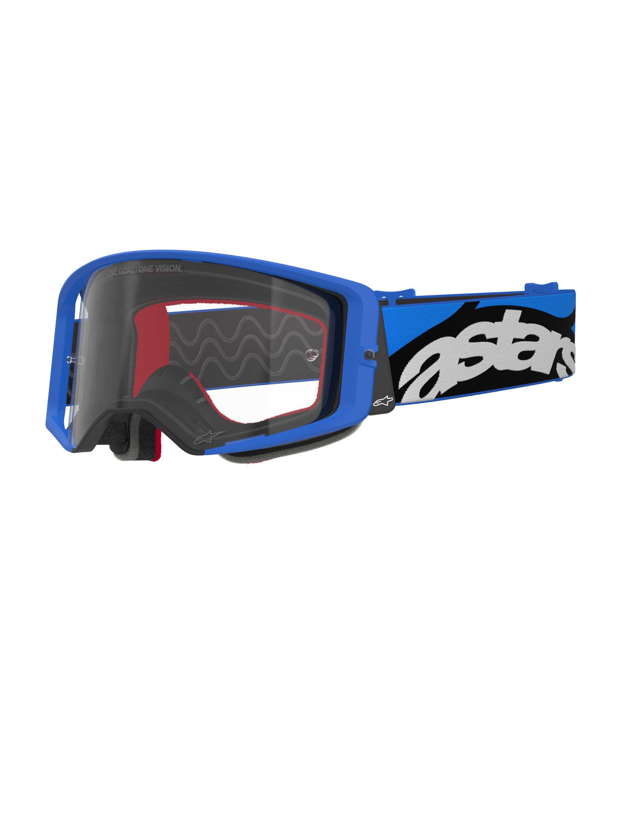 Alpinestars Supertech Stream Goggles, occhiali da motocross, blu e trasparente, montatura blu brillante con lente trasparente, ampia fascia regolabile blu e nera con logo 'astars' bianco, dettagli interni in schiuma rossa, protezione oculare professionale per competizioni off-road e motocross