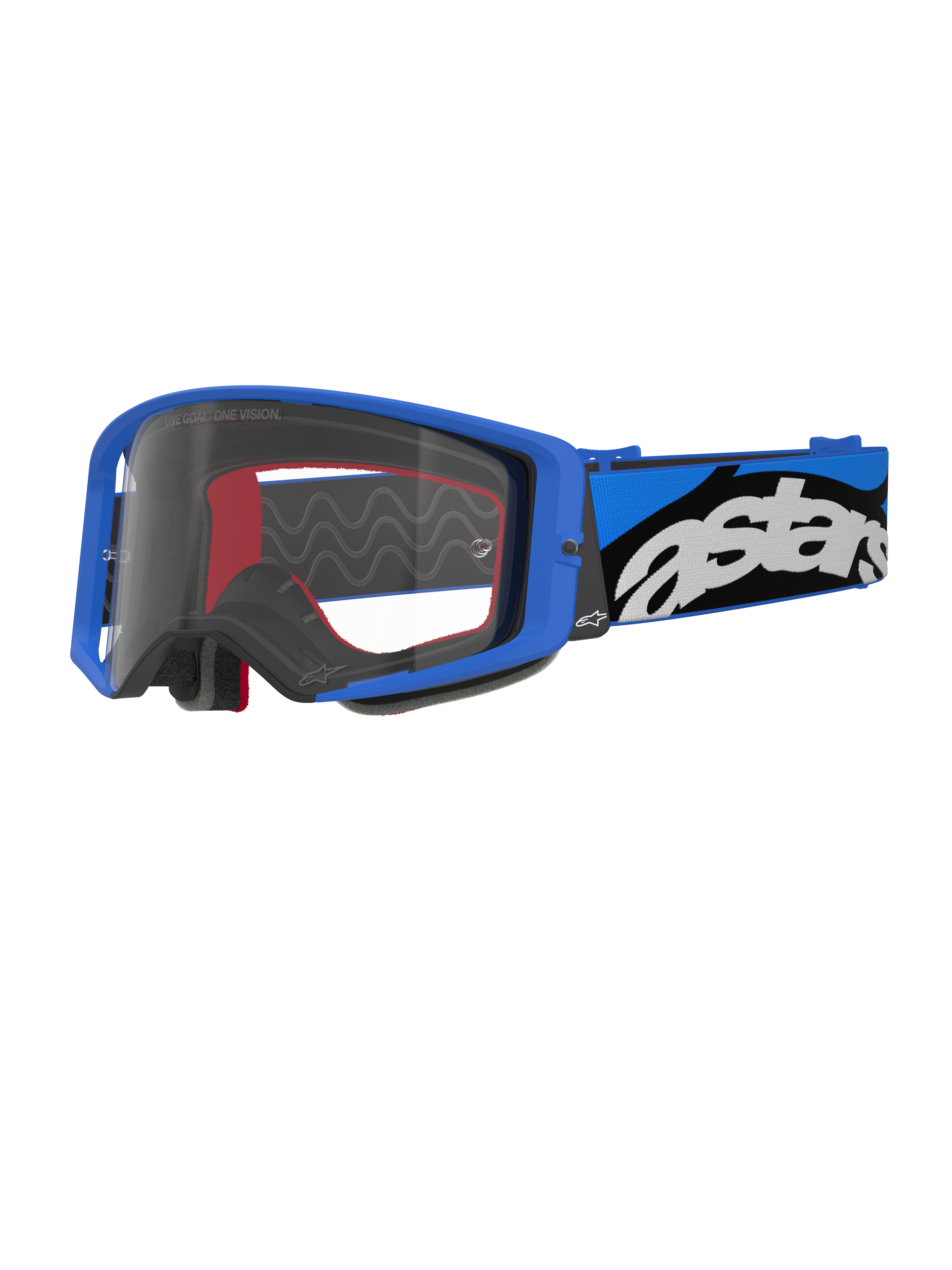 Alpinestars Supertech Stream Goggles, occhiali da motocross, blu e trasparente, montatura blu brillante con lente trasparente, ampia fascia regolabile blu e nera con logo 'astars' bianco, dettagli interni in schiuma rossa, protezione oculare professionale per competizioni off-road e motocross