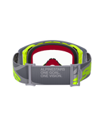 Occhiali Alpinestars Supertech Stream, occhiali da motocross, grigio e giallo fluo, vista posteriore che mostra la fascia grigia regolabile con testo 'ONE GOAL. ONE VISION.', lente trasparente e schiuma facciale multistrato, attrezzatura professionale per corse off-road