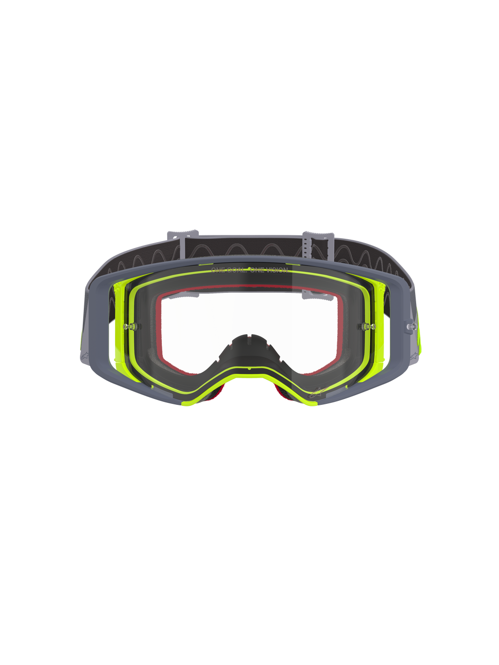 Maschera Alpinestars Supertech Stream, maschera da motocross, montatura grigia e giallo fluorescente con lente trasparente, vista frontale che mostra il design a visione ampia e la struttura tecnica della montatura, protezione per gli occhi per gare fuoristrada