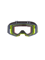 Maschera Alpinestars Supertech Stream, maschera da motocross, montatura grigia e giallo fluorescente con lente trasparente, vista frontale che mostra il design a visione ampia e la struttura tecnica della montatura, protezione per gli occhi per gare fuoristrada
