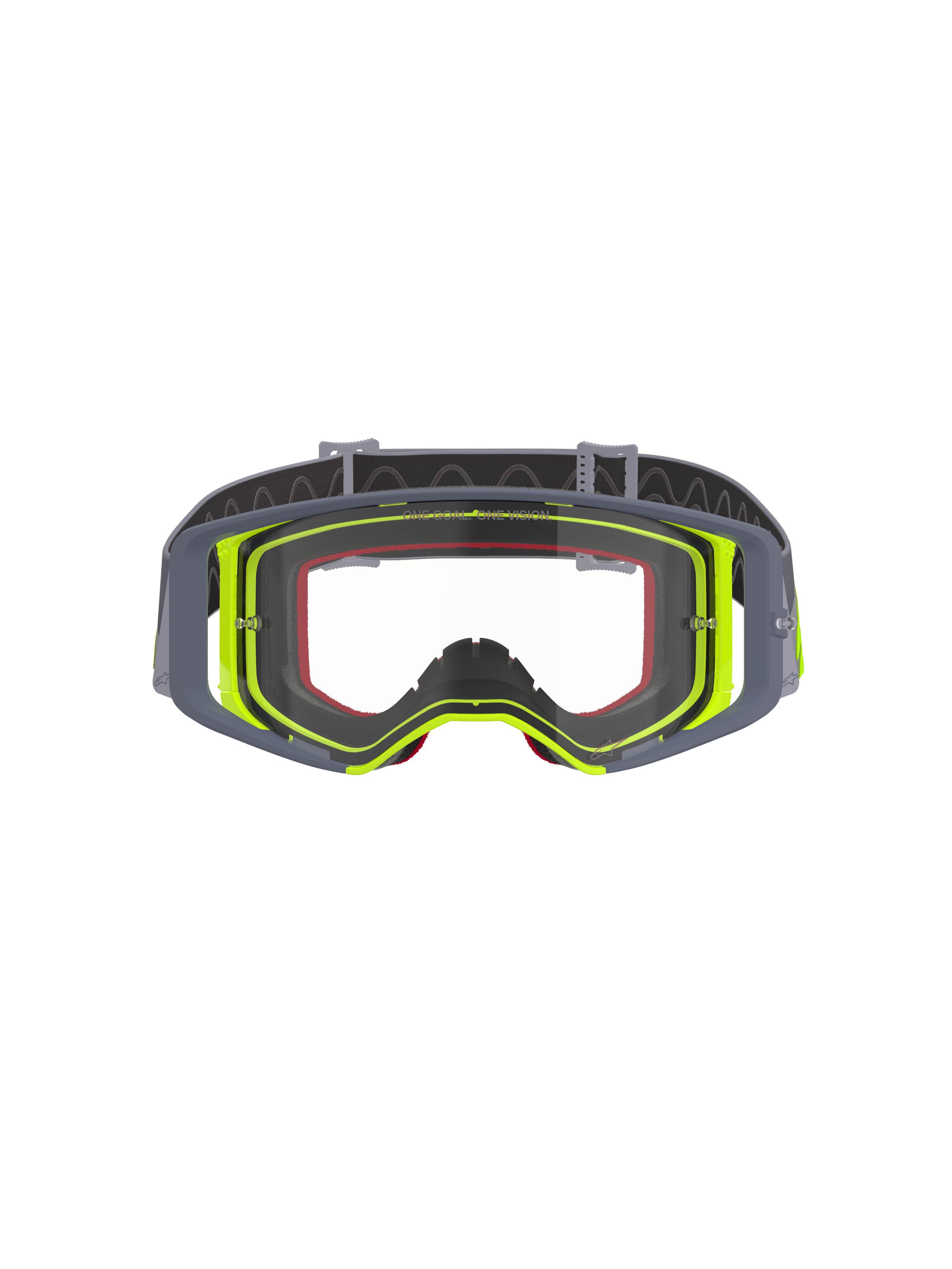 Maschera Alpinestars Supertech Stream, maschera da motocross, montatura grigia e giallo fluorescente con lente trasparente, vista frontale che mostra il design a visione ampia e la struttura tecnica della montatura, protezione per gli occhi per gare fuoristrada