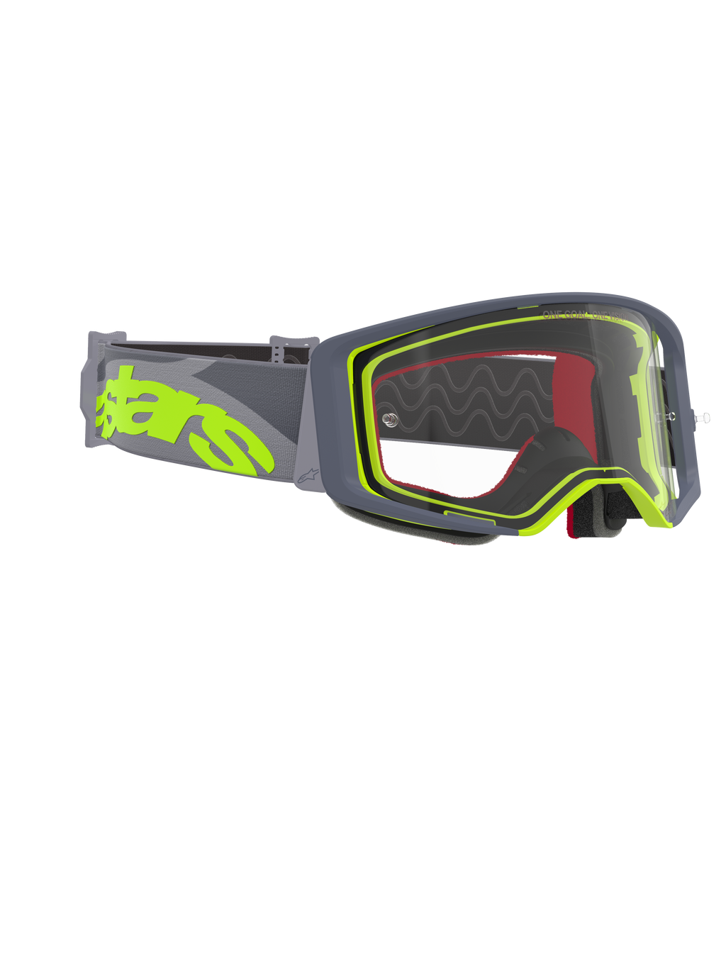 Alpinestars Supertech Stream Goggles, occhiali da motocross, montatura grigia e giallo fluo con lente trasparente, caratterizzati da un'ampia fascia grigia con un grande logo giallo fluo, progettati per prestazioni nel motocross e nel fuori strada