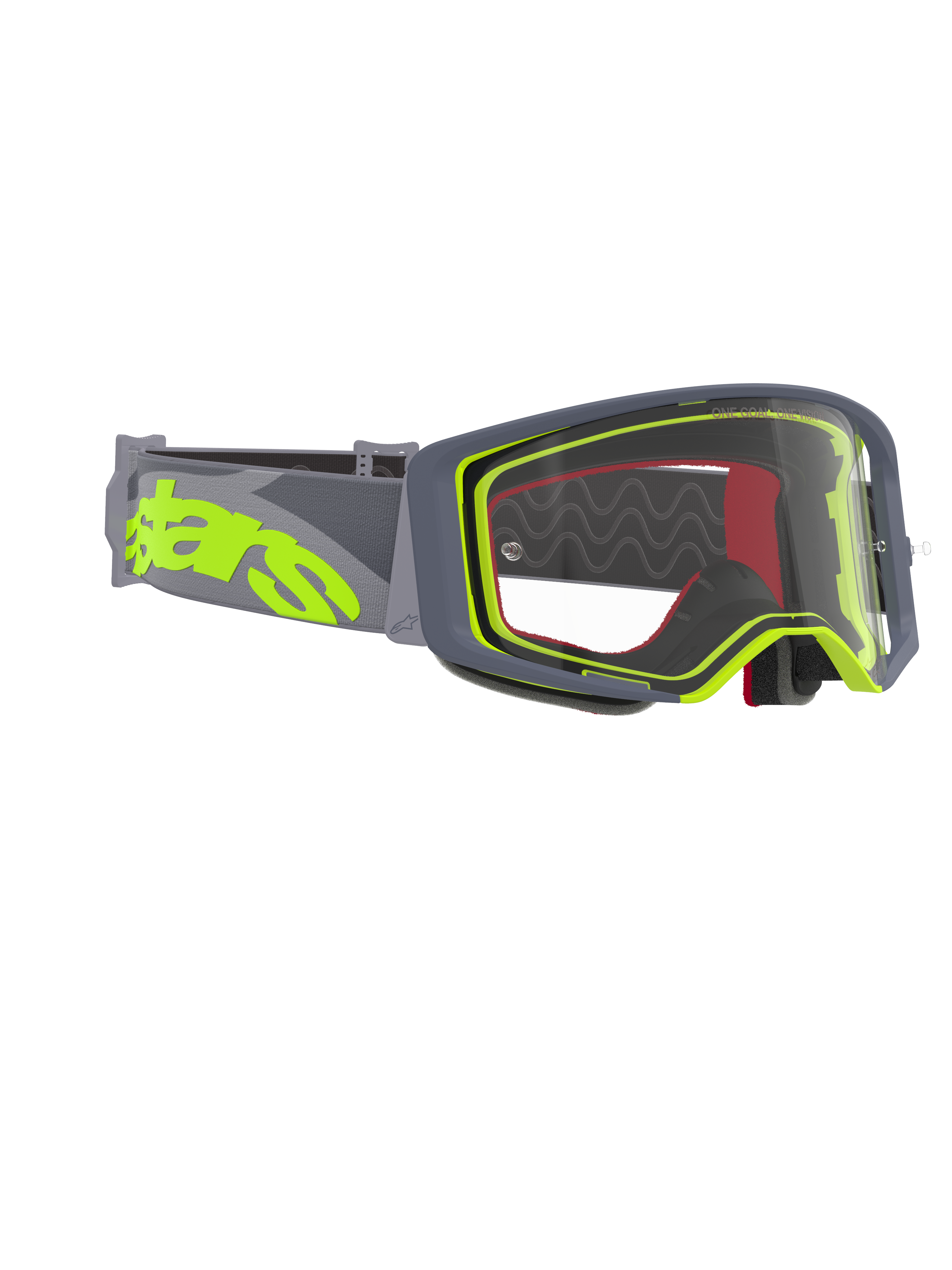 Alpinestars Supertech Stream Goggles, occhiali da motocross, montatura grigia e giallo fluo con lente trasparente, caratterizzati da un'ampia fascia grigia con un grande logo giallo fluo, progettati per prestazioni nel motocross e nel fuori strada