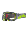 Alpinestars Supertech Stream Goggles, occhiali da motocross, grigio e giallo fluo, lente trasparente con montatura grigia, spugna interna rossa, ampio elastico grigio con vistoso marchio astars giallo neon, occhiali professionali per corse off-road