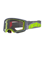 Alpinestars Supertech Stream Goggles, occhiali da motocross, grigio e giallo fluo, lente trasparente con montatura grigia, spugna interna rossa, ampio elastico grigio con vistoso marchio astars giallo neon, occhiali professionali per corse off-road