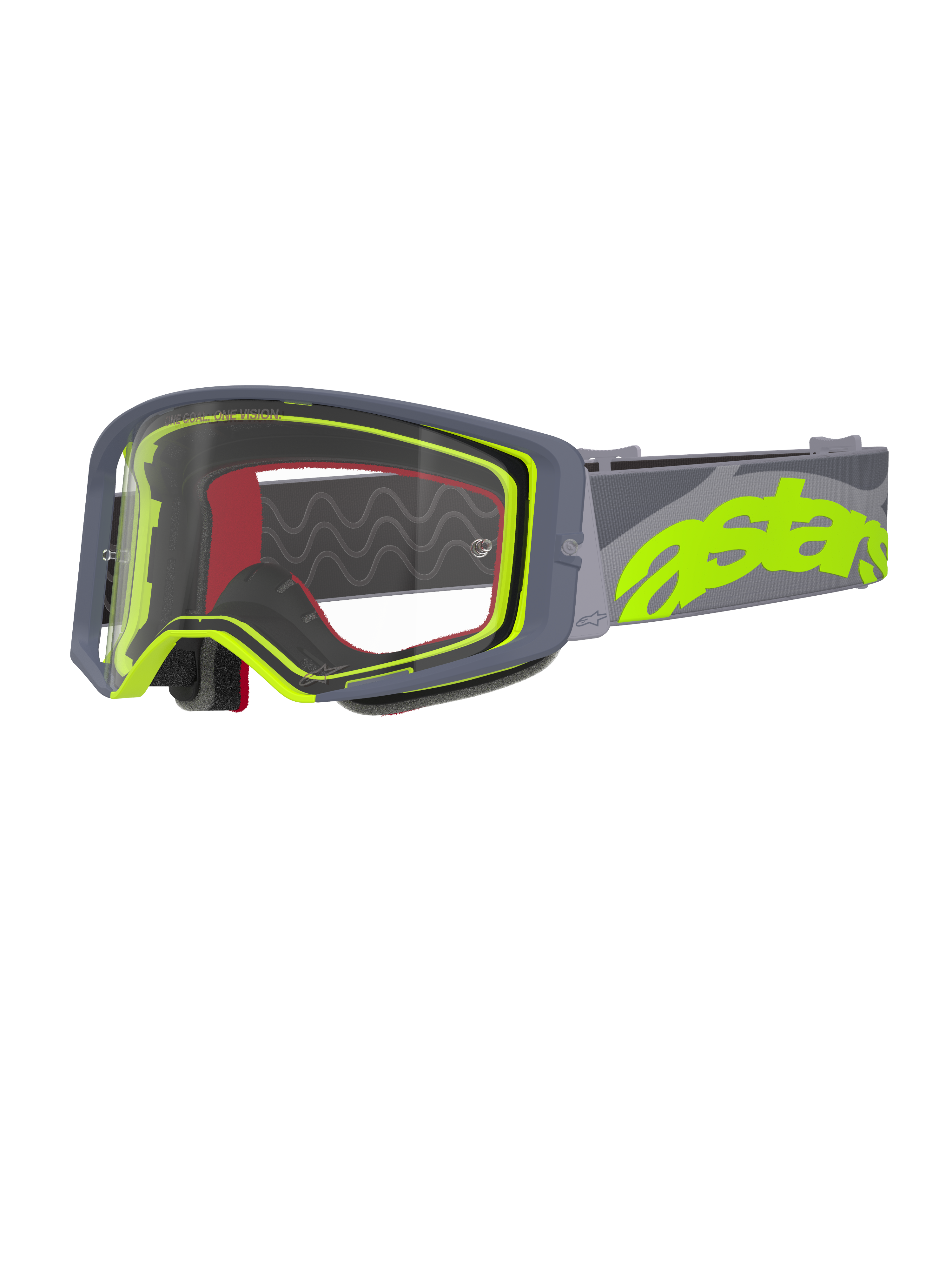 Alpinestars Supertech Stream Goggles, occhiali da motocross, grigio e giallo fluo, lente trasparente con montatura grigia, spugna interna rossa, ampio elastico grigio con vistoso marchio astars giallo neon, occhiali professionali per corse off-road