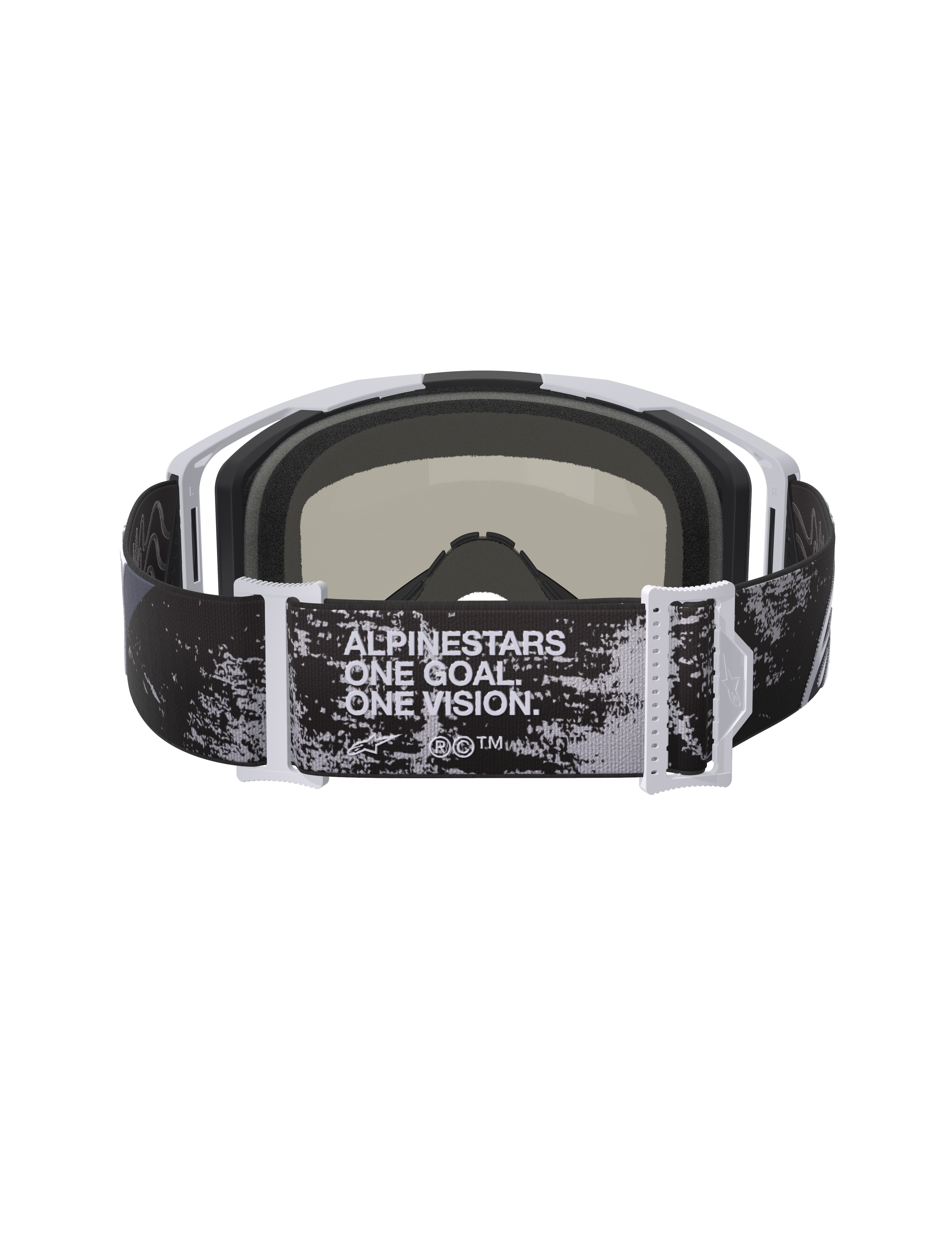 Maschera Alpinestars Vision 8 Lahnd, occhiali da motocross, Iron Camo e Mirror Silver, vista posteriore con fascia regolabile e scritta 'ONE GOAL. ONE VISION.', motivo mimetico con dettagli bianchi e grigi sulla montatura