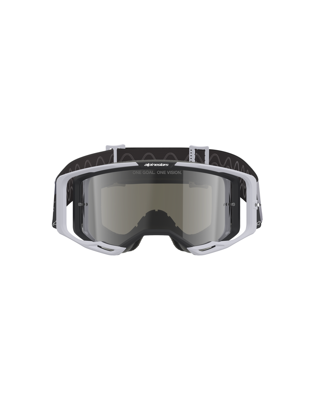 Alpinestars Vision 8 Lahnd Goggles, maschera da motocross, Iron Camo Mirror Silver, montatura grigio chiaro con lente argento specchiata, fascia nera con motivo ondulato, occhiali professionali per gare fuoristrada e motocross
