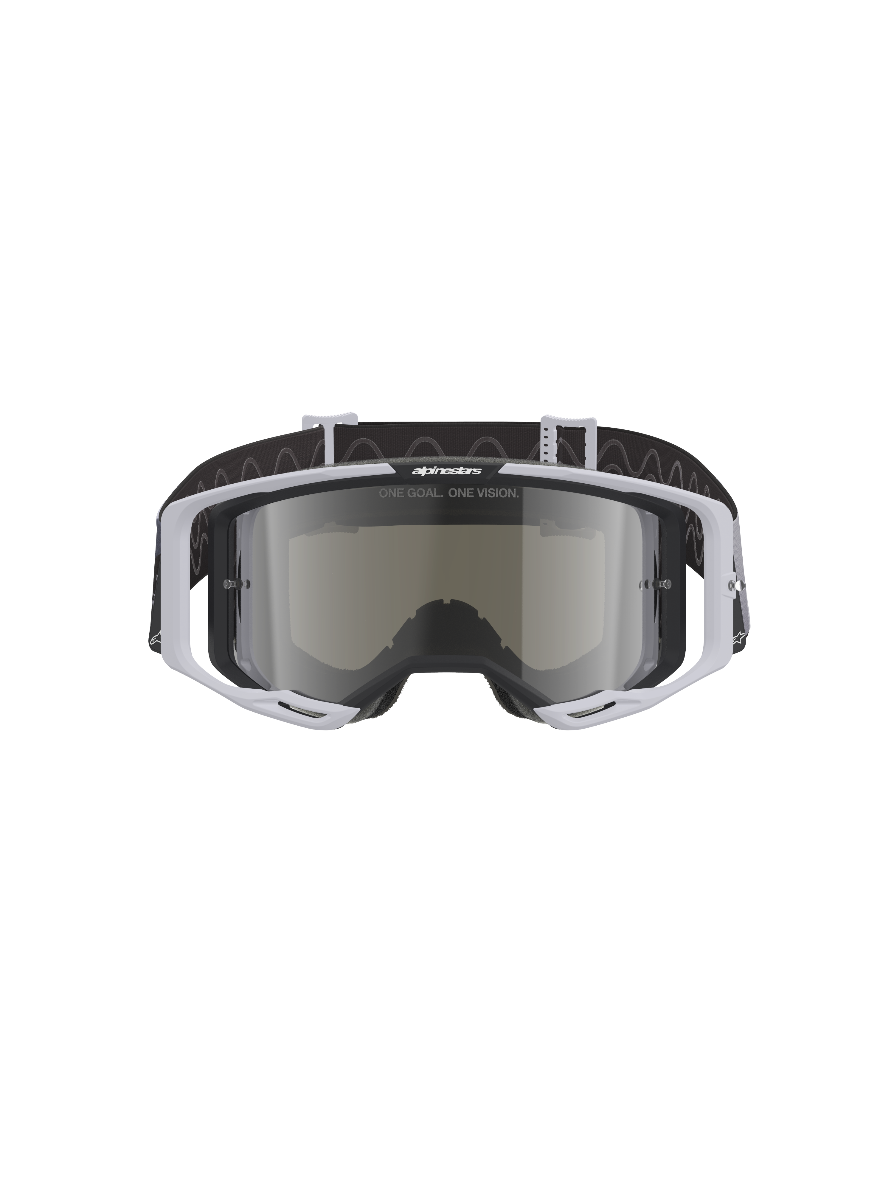 Alpinestars Vision 8 Lahnd Goggles, maschera da motocross, Iron Camo Mirror Silver, montatura grigio chiaro con lente argento specchiata, fascia nera con motivo ondulato, occhiali professionali per gare fuoristrada e motocross