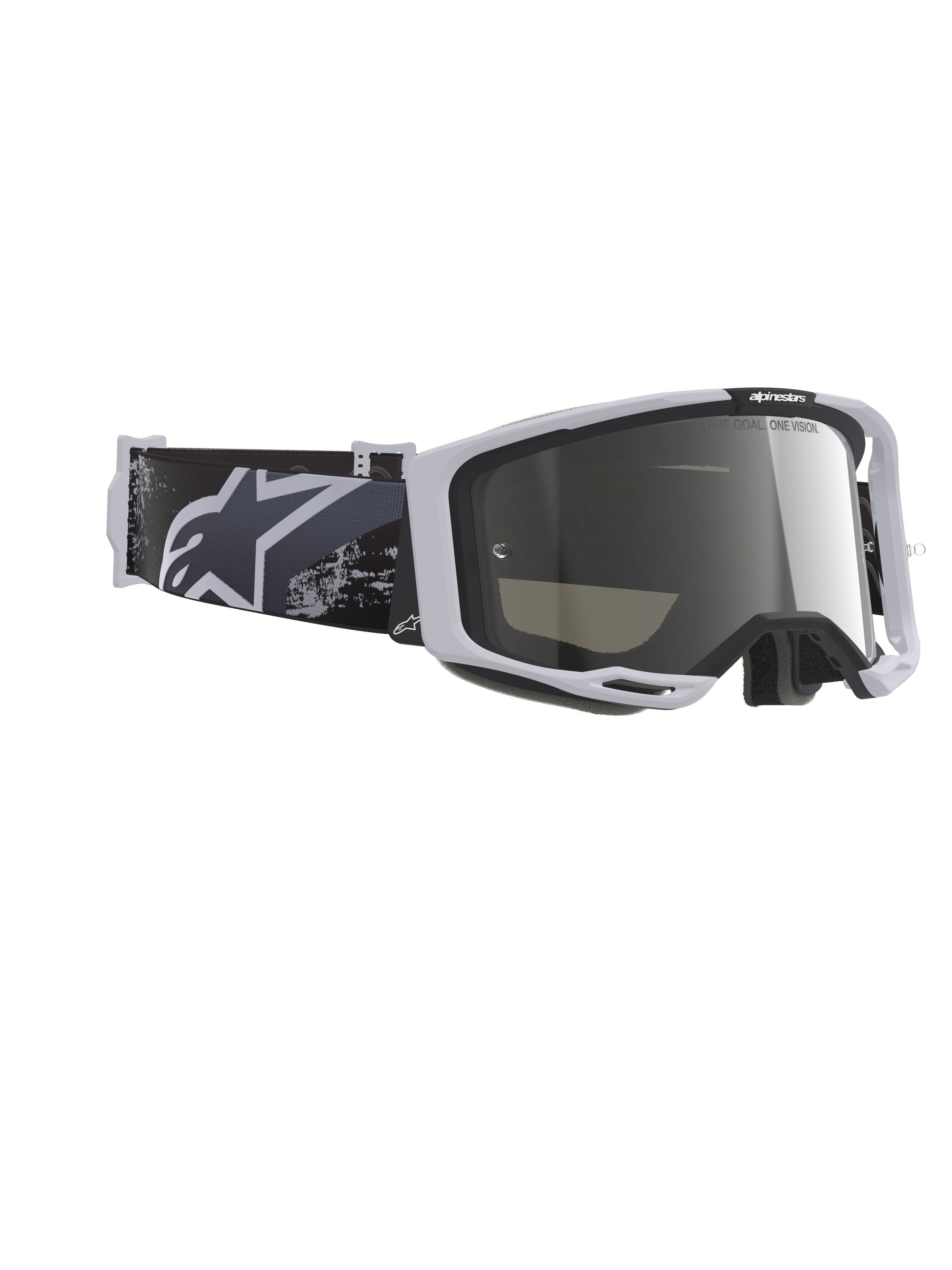 Alpinestars Vision 8 Lahnd Goggles, maschera da motocross, Iron Camo Mirror Silver, montatura grigio chiaro con lente argento a specchio, fascia mimetica nera e grigia con logo Alpinestars bianco, protezione oculare ad alte prestazioni per il fuoristrada