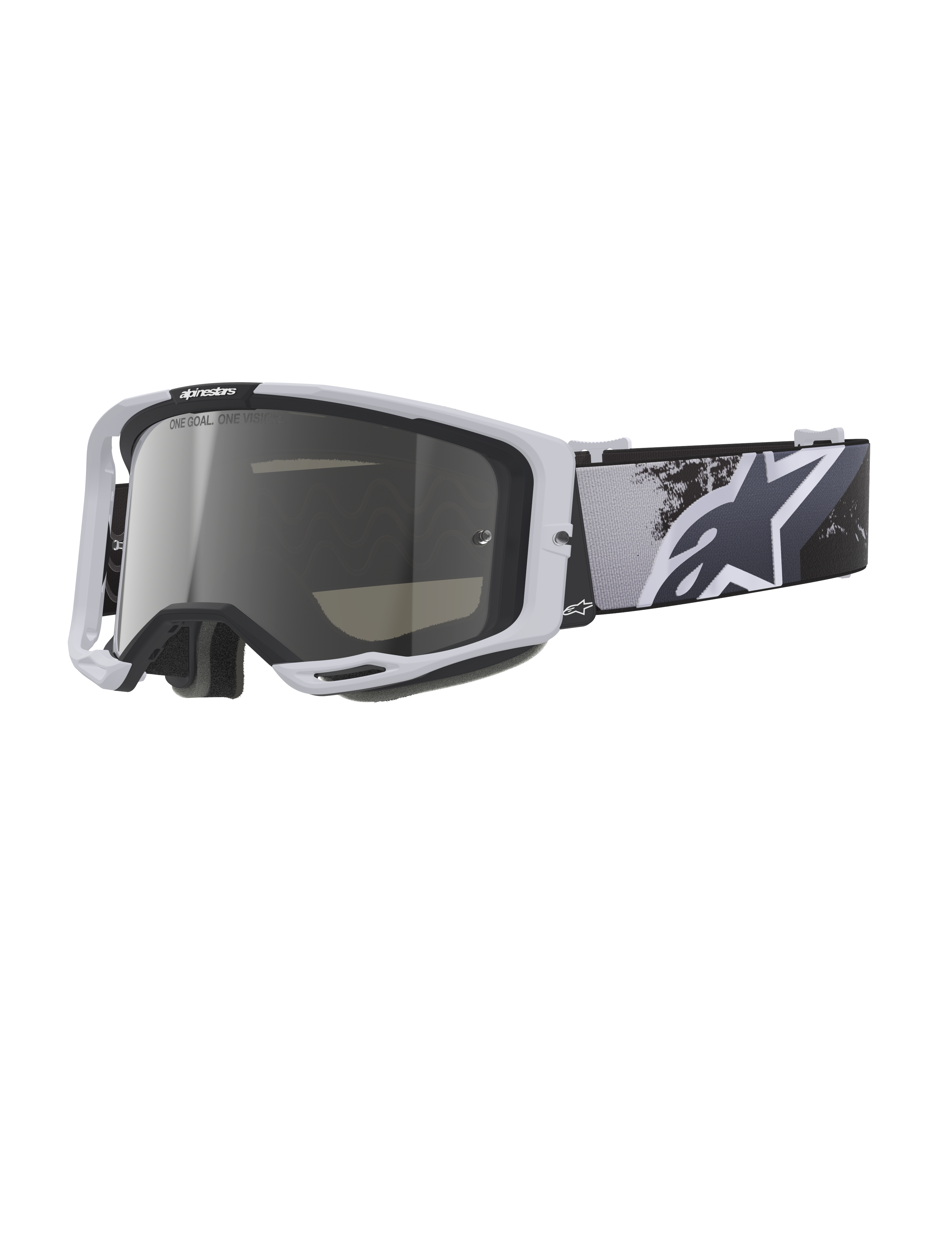 Maschera Alpinestars Vision 8 Lahnd, maschera da motocross, Iron Camo Mirror Silver, montatura bianca con lente specchiata argento, fascia mimetica in scala di grigi con grande logo a stella bianco, occhiali ad alte prestazioni per gare fuoristrada