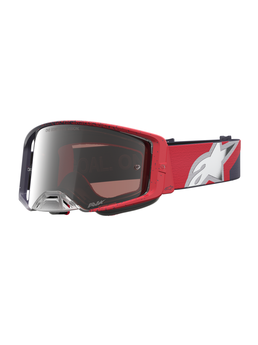 Maschere Alpinestars Supertech Hiten da motocross, rosse e nere con lente argento specchiata per racing off-road.
