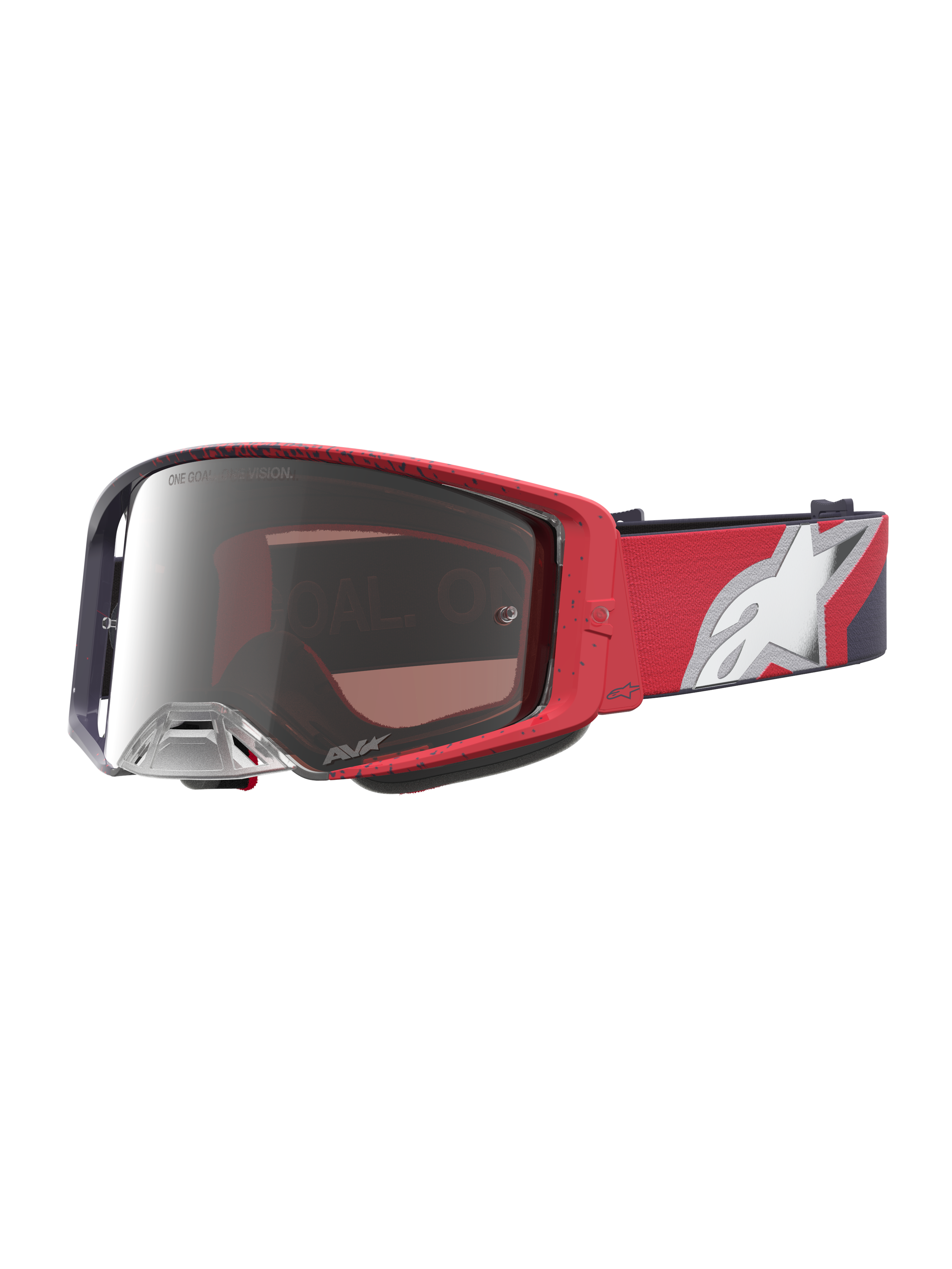 Maschere Alpinestars Supertech Hiten da motocross, rosse e nere con lente argento specchiata per racing off-road.