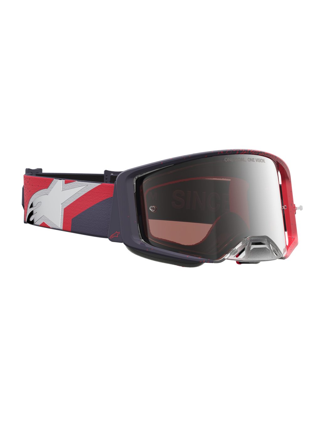 Alpinestars maschere Supertech Hiten, maschere da motocross nere e rosse con lente argento specchiata e cinturino grafico.