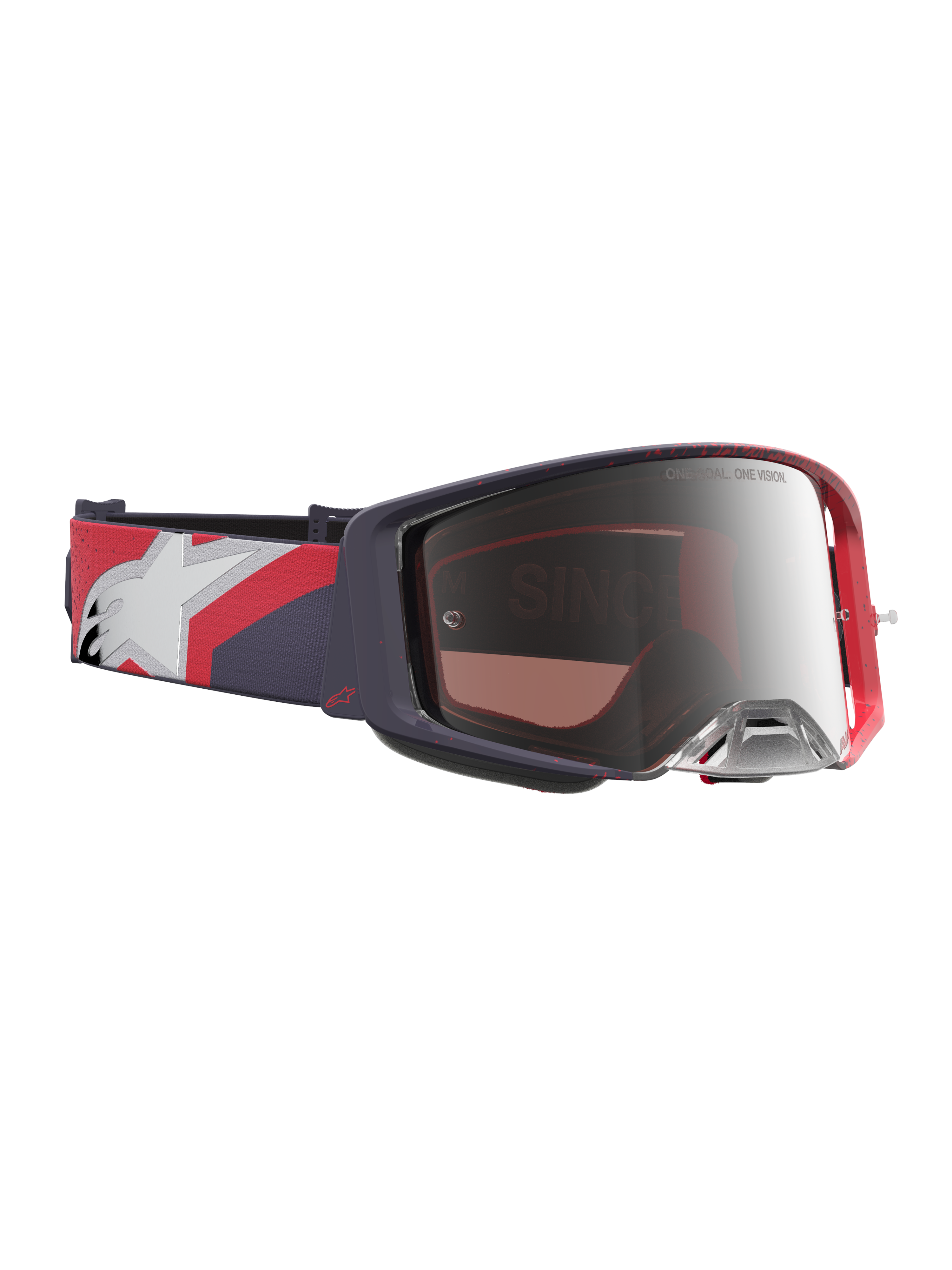 Alpinestars maschere Supertech Hiten, maschere da motocross nere e rosse con lente argento specchiata e cinturino grafico.