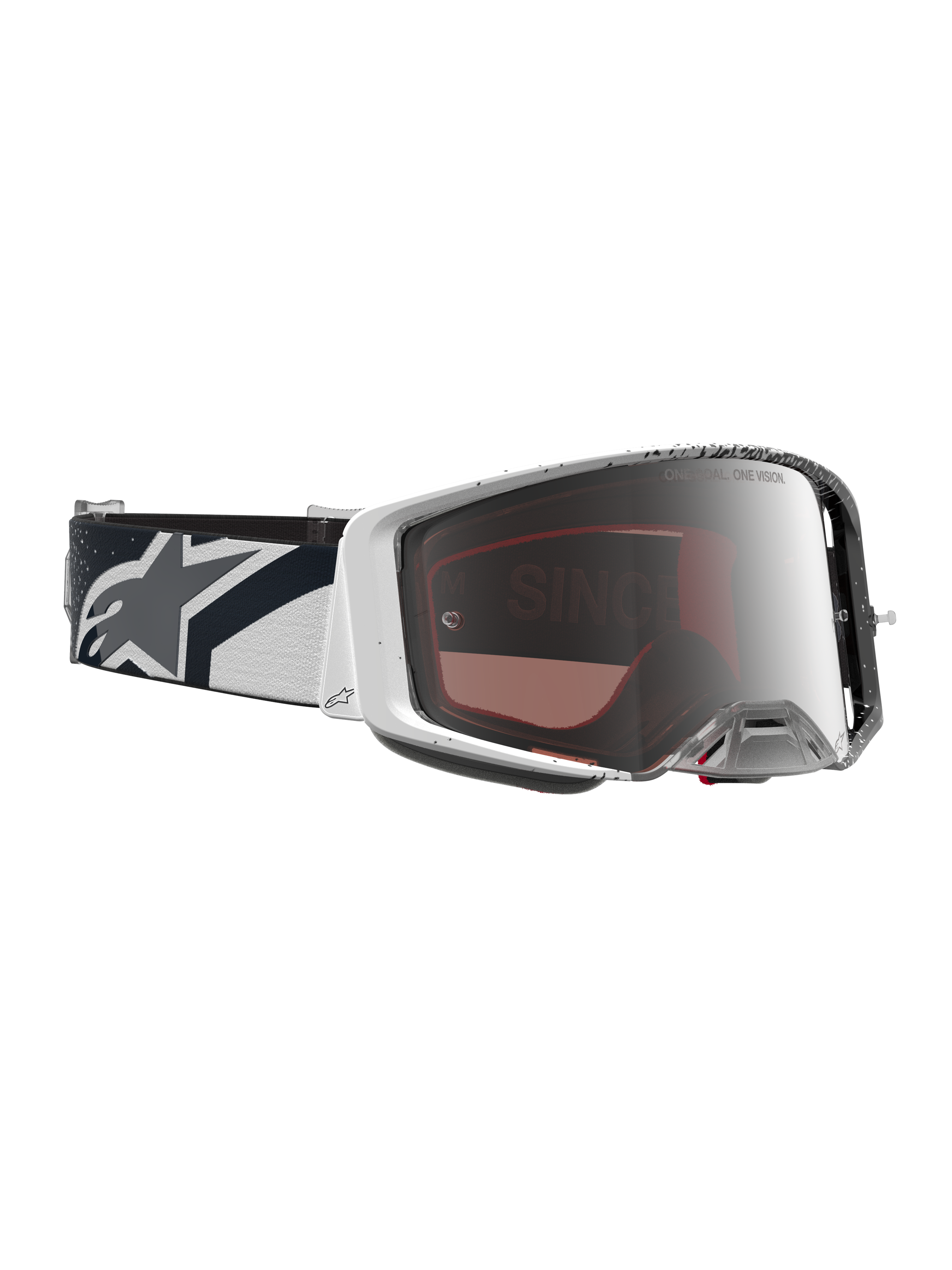 Alpinestars Maschere Supertech Hiten, maschere da motocross bianche e nere, lente argento a specchio, cinturino con logo a stella.