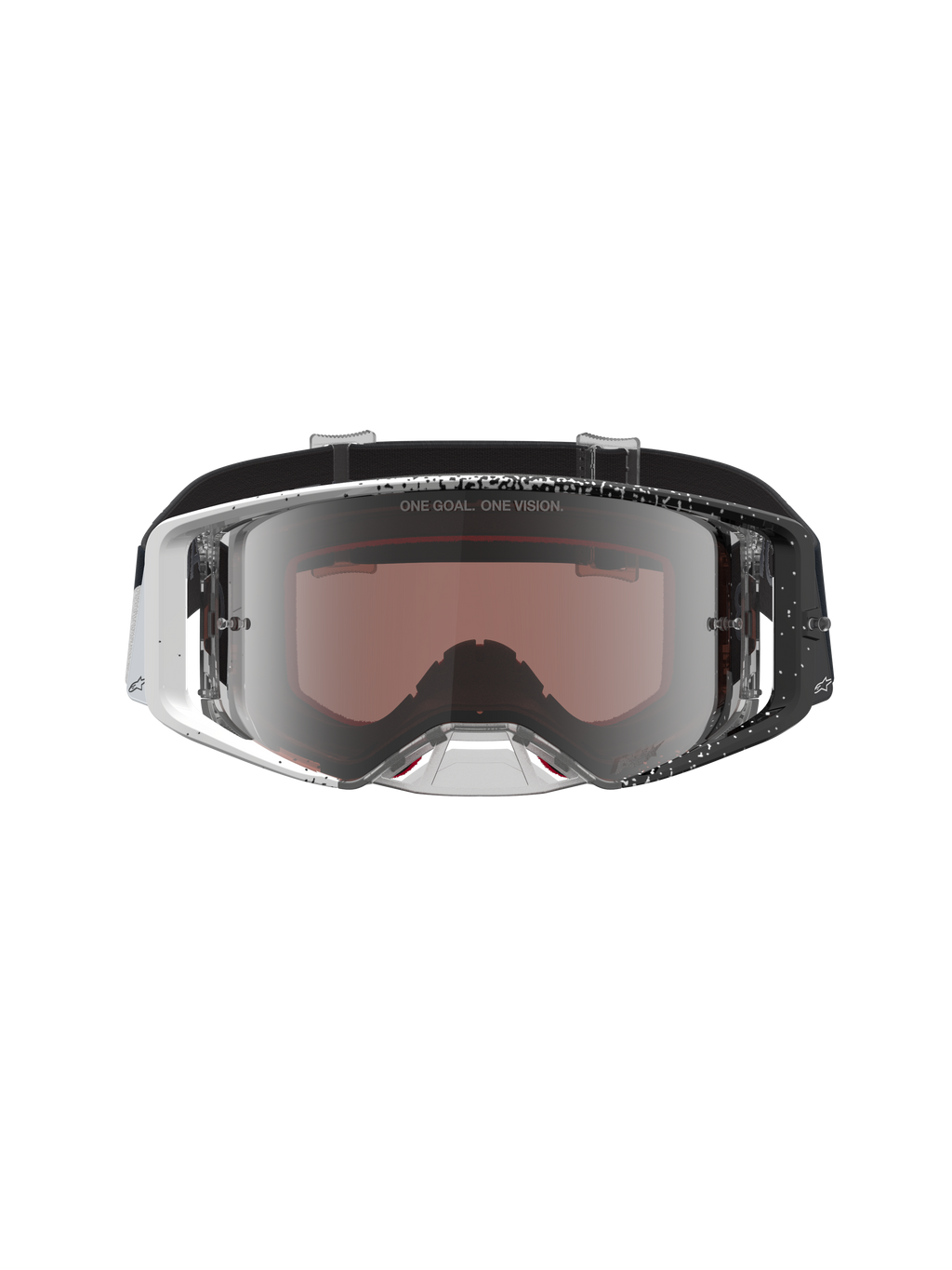 Alpinestars Maschere Supertech Hiten, maschere da motocross, telaio bianco e nero picchiettato, lente argento specchiata.