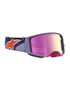 Alpinestars Maschere Supertech Hiten, maschere motocross viola con lente rosa specchiata e logo arancione sul cinturino.