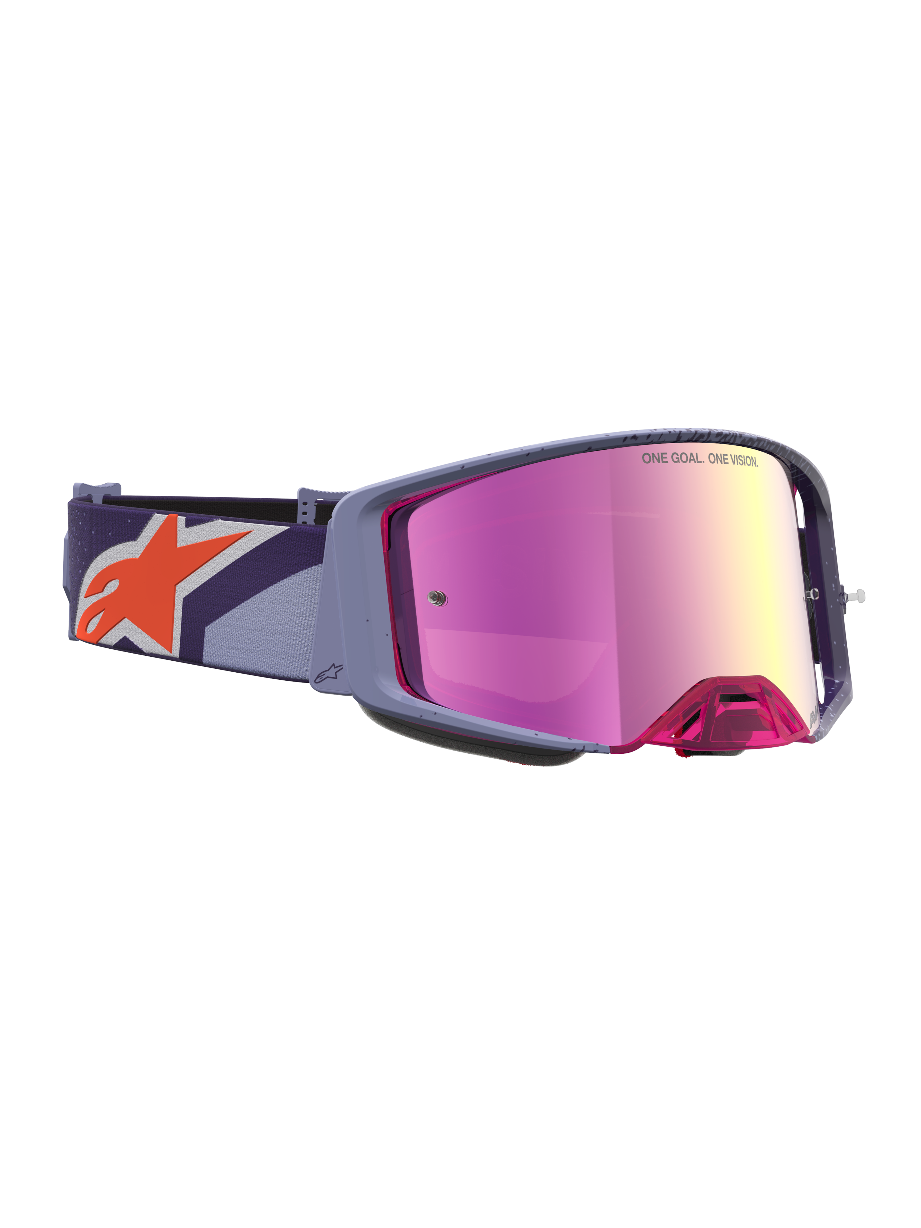 Alpinestars Maschere Supertech Hiten, maschere motocross viola con lente rosa specchiata e logo arancione sul cinturino.