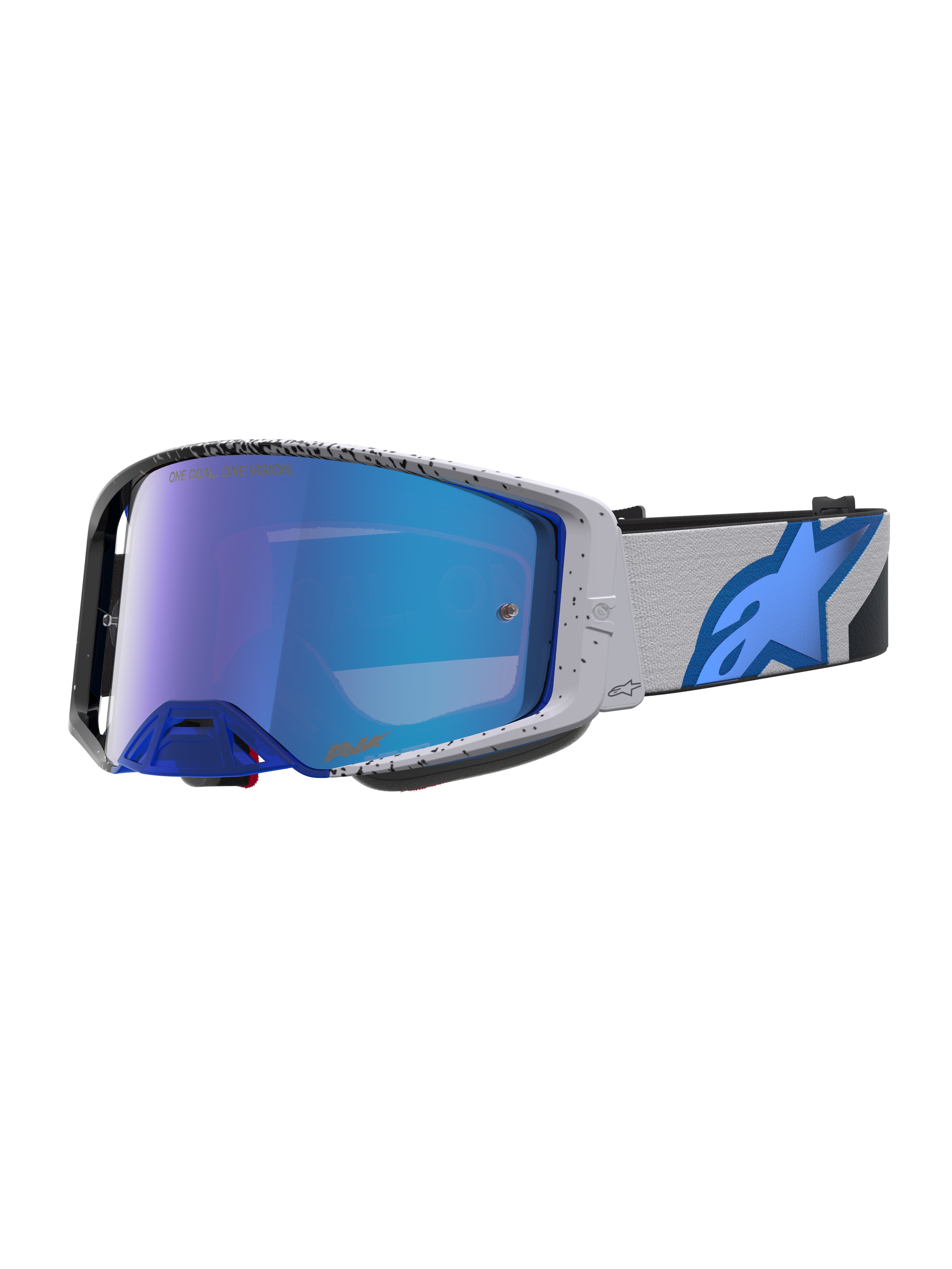 Alpinestars Maschere Supertech Hiten, maschere da motocross professionali, grigio e blu, lenti blu a specchio.