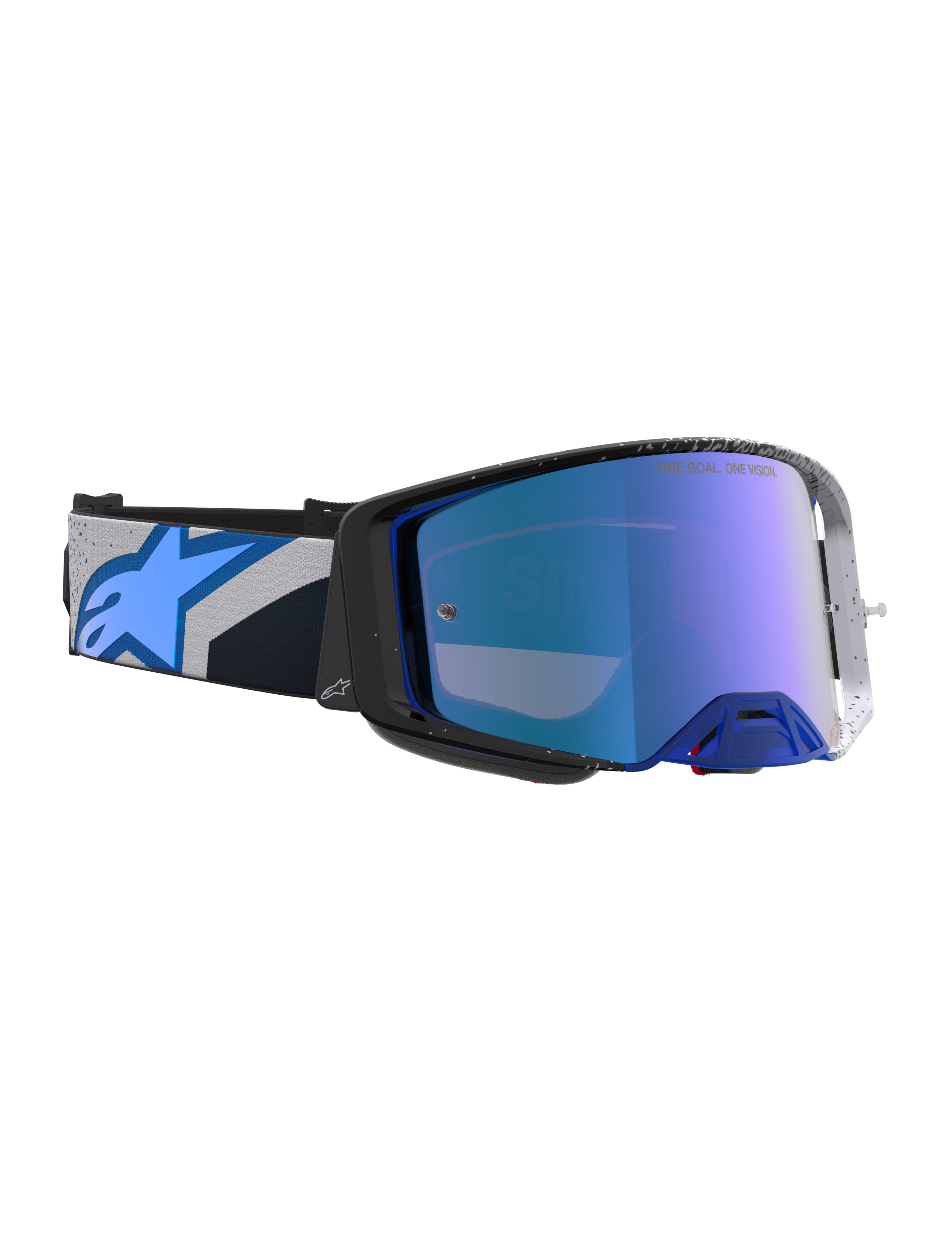 Alpinestars Maschere Supertech Hiten, maschere da motocross nere e blu con lente blu specchiata ad alta nitidezza.