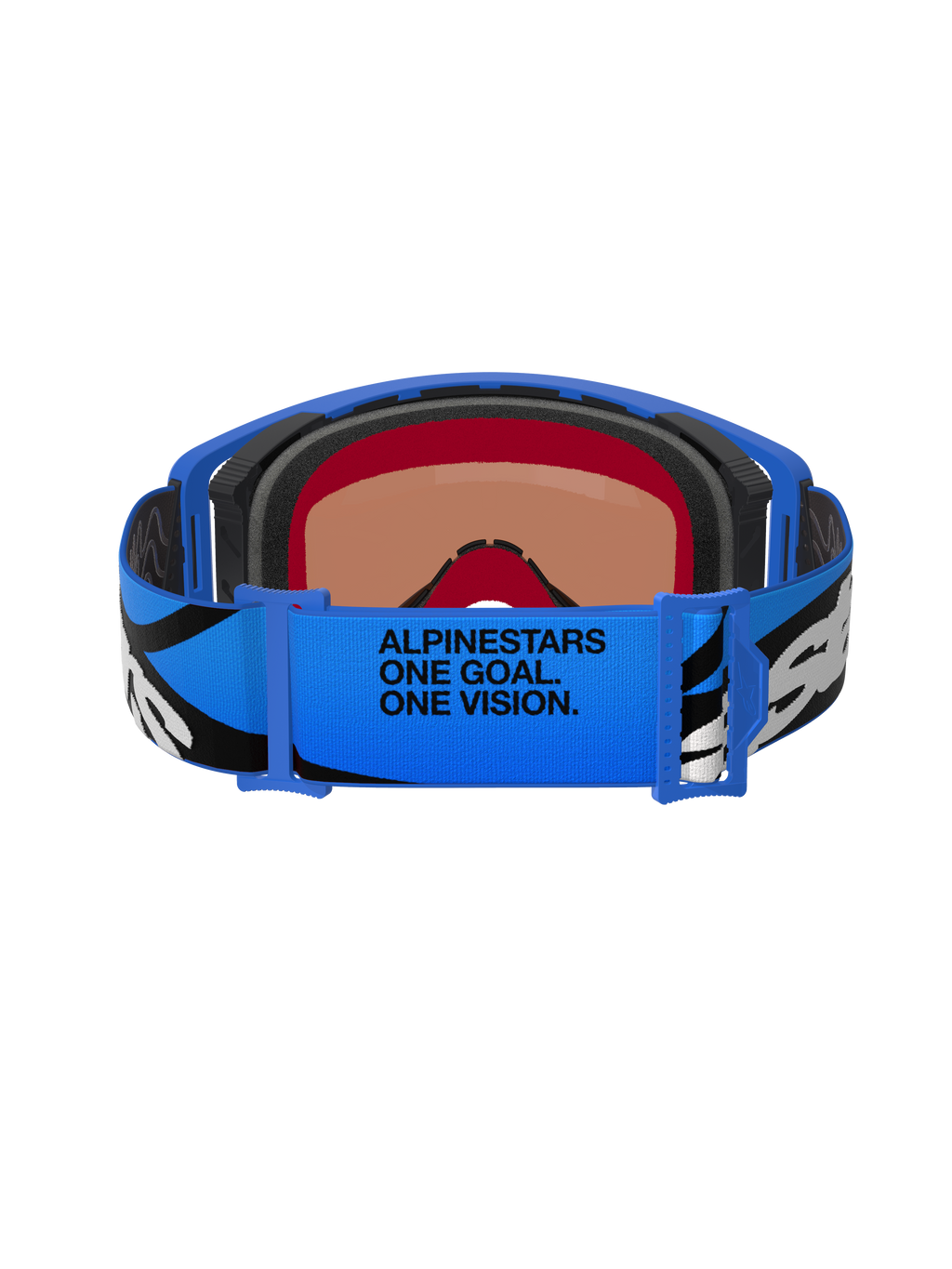 Maschera Alpinestars Supertech Stream, occhiali da motocross, Blue Mirror Blue, vista posteriore che mostra la fascia regolabile blu con grafiche in bianco e nero e la scritta 'ALPINESTARS ONE GOAL. ONE VISION.', imbottitura facciale multistrato per comfort e tenuta