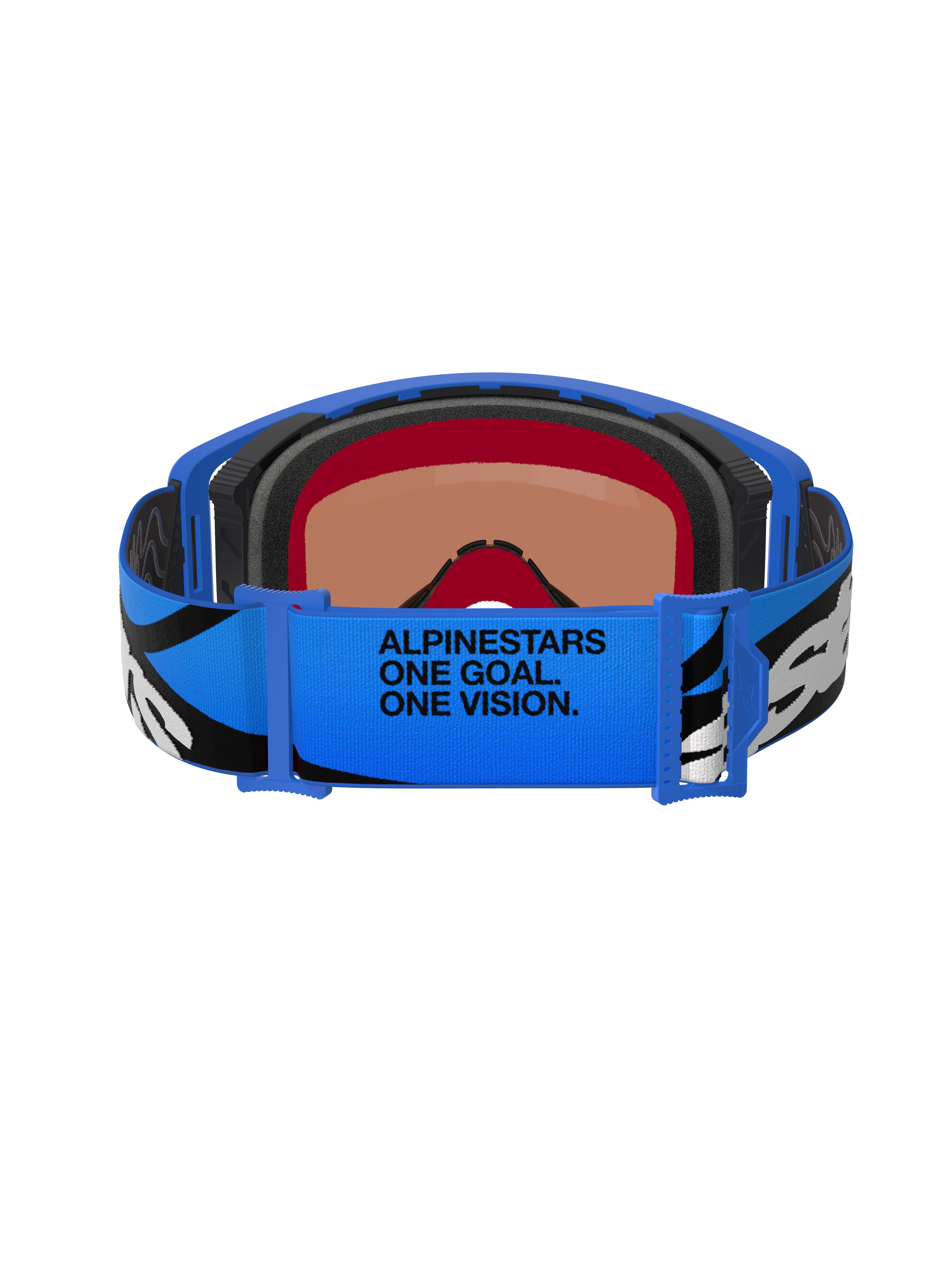 Maschera Alpinestars Supertech Stream, occhiali da motocross, Blue Mirror Blue, vista posteriore che mostra la fascia regolabile blu con grafiche in bianco e nero e la scritta 'ALPINESTARS ONE GOAL. ONE VISION.', imbottitura facciale multistrato per comfort e tenuta