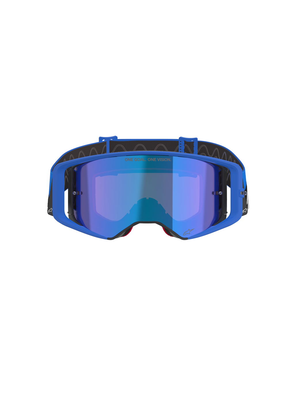 Occhiali da motocross Alpinestars Supertech Stream, lente blu a specchio con montatura blu, vista frontale, fascia nera con logo bianco, con testo 'ONE GOAL... ONE VISION.' sulla lente, occhiali da gara off-road ad alte prestazioni