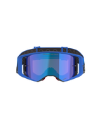 Occhiali da motocross Alpinestars Supertech Stream, lente blu a specchio con montatura blu, vista frontale, fascia nera con logo bianco, con testo 'ONE GOAL... ONE VISION.' sulla lente, occhiali da gara off-road ad alte prestazioni