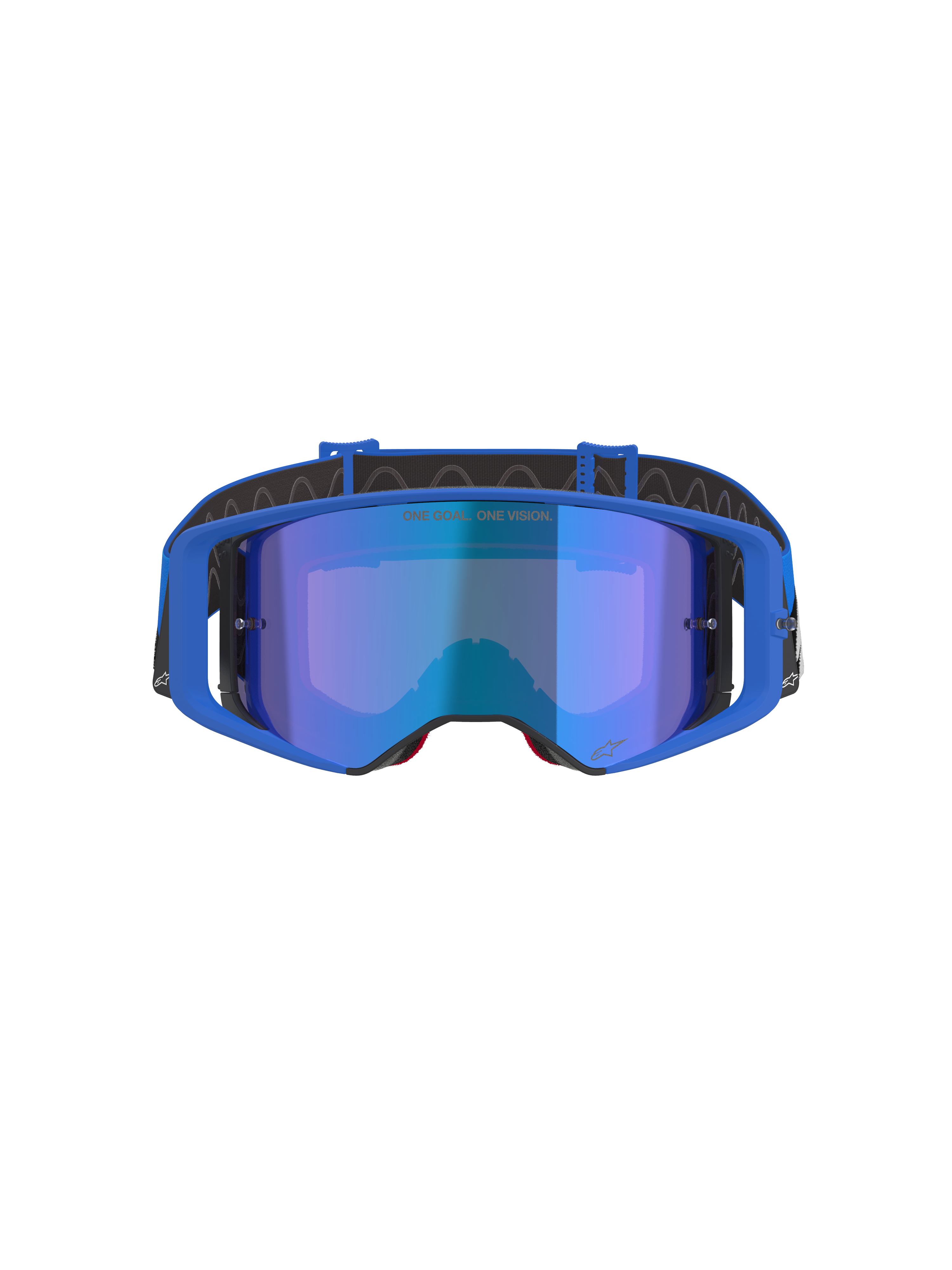 Occhiali da motocross Alpinestars Supertech Stream, lente blu a specchio con montatura blu, vista frontale, fascia nera con logo bianco, con testo 'ONE GOAL... ONE VISION.' sulla lente, occhiali da gara off-road ad alte prestazioni