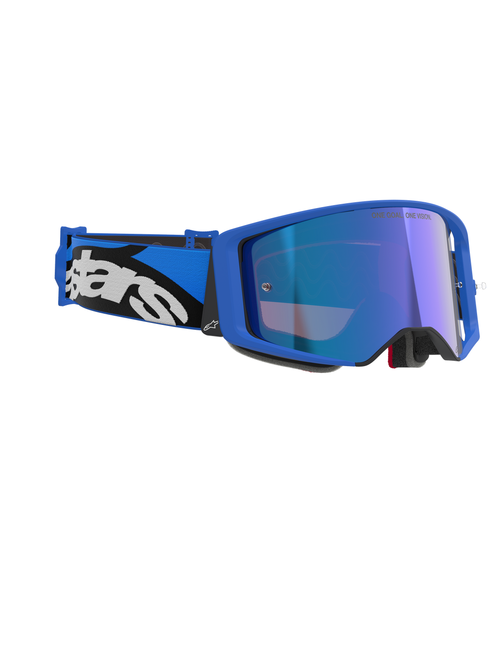 Alpinestars Supertech Stream Goggles, Blue Mirror Blue, occhiali da motocross con montatura blu e lente blu a specchio, fascia regolabile blu e nera con vistoso logo Alpinestars bianco, occhiali professionali da gara fuoristrada.