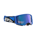 Alpinestars Supertech Stream Goggles, Blue Mirror Blue, occhiali da motocross con montatura blu e lente blu a specchio, fascia regolabile blu e nera con vistoso logo Alpinestars bianco, occhiali professionali da gara fuoristrada.