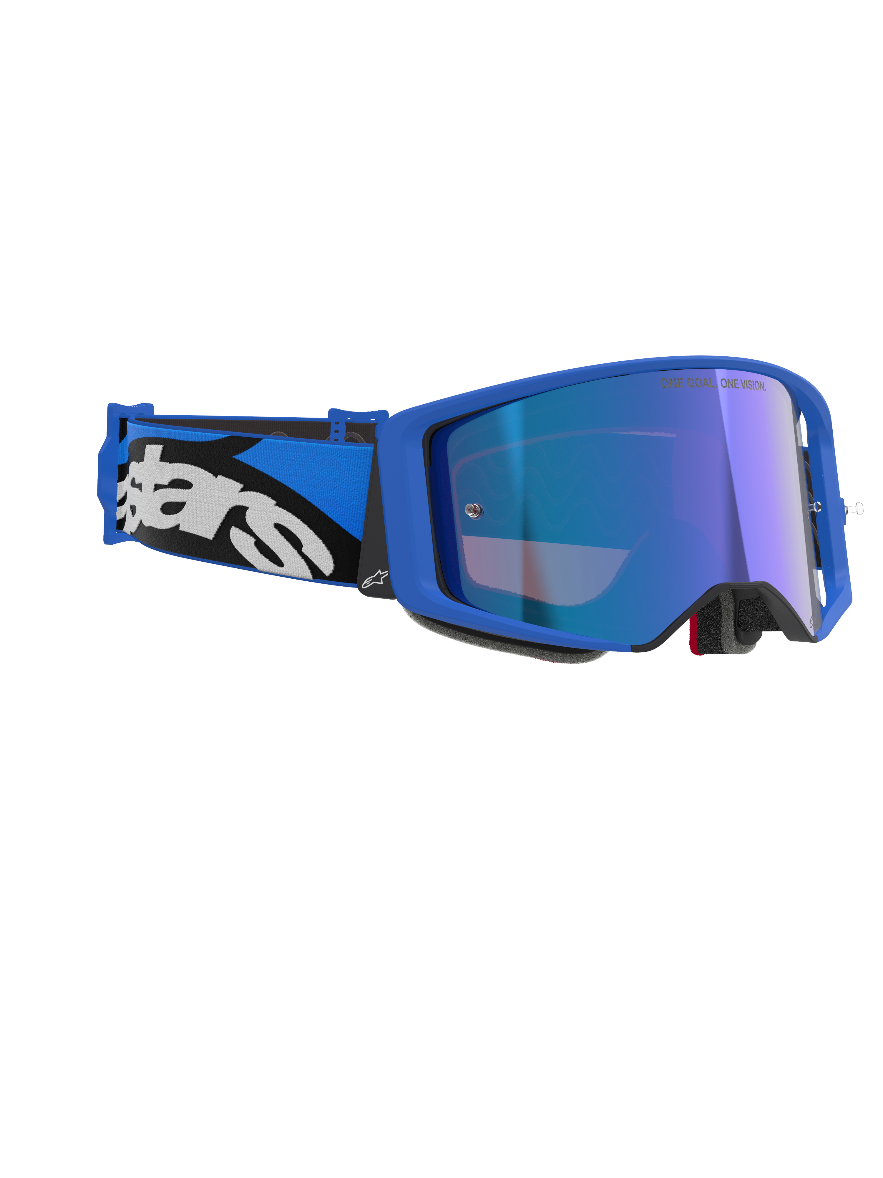 Alpinestars Supertech Stream Goggles, Blue Mirror Blue, occhiali da motocross con montatura blu e lente blu a specchio, fascia regolabile blu e nera con vistoso logo Alpinestars bianco, occhiali professionali da gara fuoristrada.