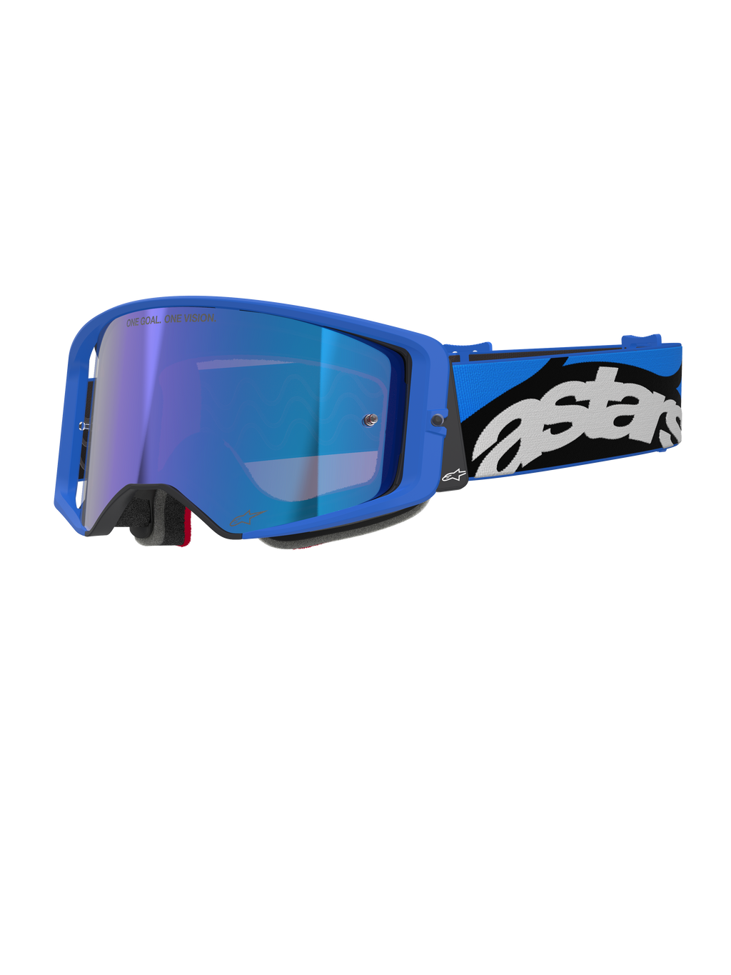 Occhiali Alpinestars Supertech Stream, occhiali da motocross e fuoristrada, montatura blu brillante con lente a specchio blu, ampio cinturino blu e nero con logo Astars bianco, imbottitura in schiuma grigia, equipaggiamento professionale da gara