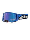 Occhiali Alpinestars Supertech Stream, occhiali da motocross e fuoristrada, montatura blu brillante con lente a specchio blu, ampio cinturino blu e nero con logo Astars bianco, imbottitura in schiuma grigia, equipaggiamento professionale da gara