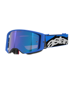 Occhiali Alpinestars Supertech Stream, occhiali da motocross e fuoristrada, montatura blu brillante con lente a specchio blu, ampio cinturino blu e nero con logo Astars bianco, imbottitura in schiuma grigia, equipaggiamento professionale da gara