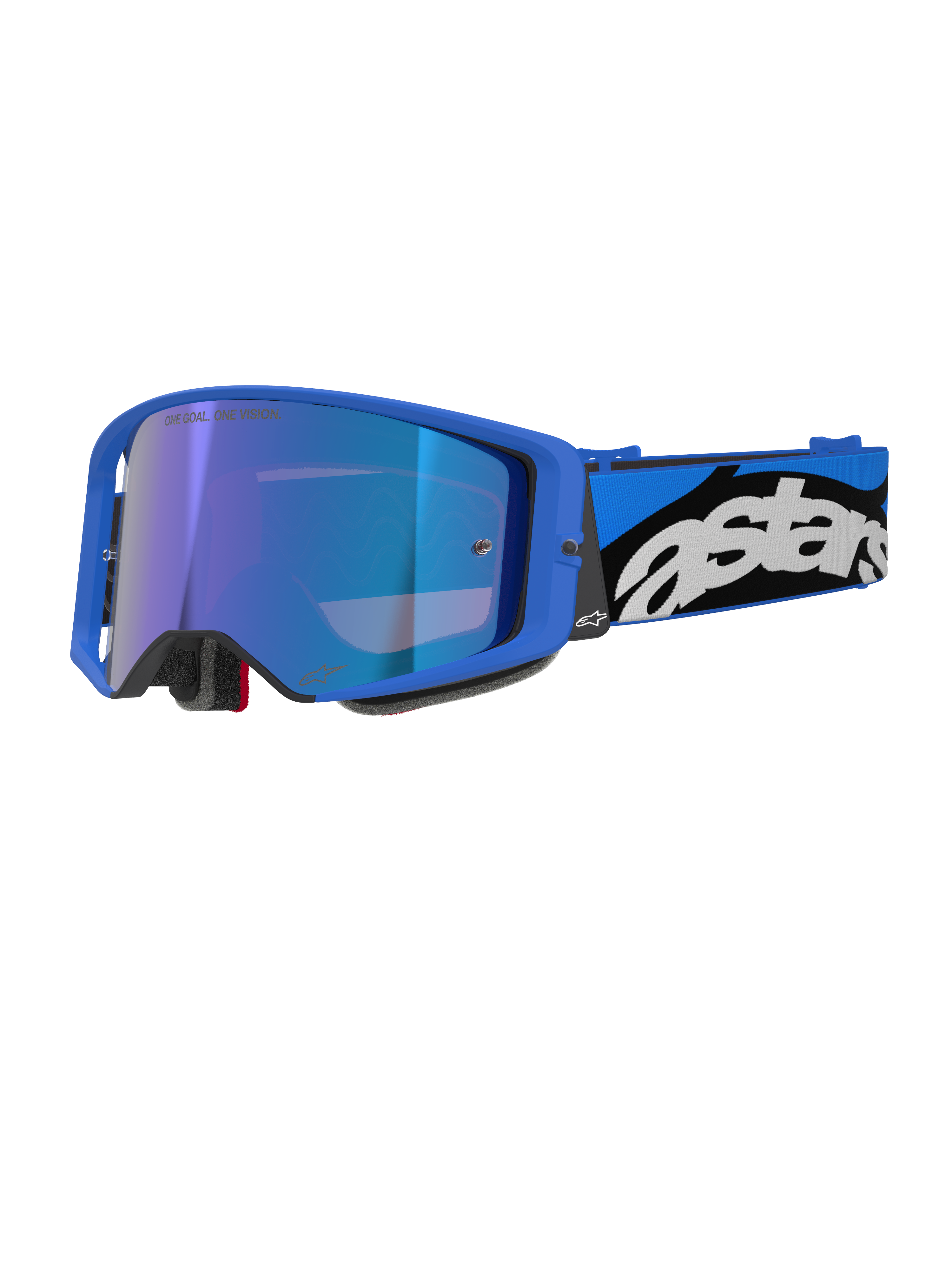 Occhiali Alpinestars Supertech Stream, occhiali da motocross e fuoristrada, montatura blu brillante con lente a specchio blu, ampio cinturino blu e nero con logo Astars bianco, imbottitura in schiuma grigia, equipaggiamento professionale da gara