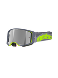 Alpinestars Supertech Stream Goggles, occhiali da motocross MX, grigio e giallo fluorescente, con lente argentata a specchio riflettente, ampia montatura angolare con imbottitura in schiuma e fascia regolabile con logo neon audace