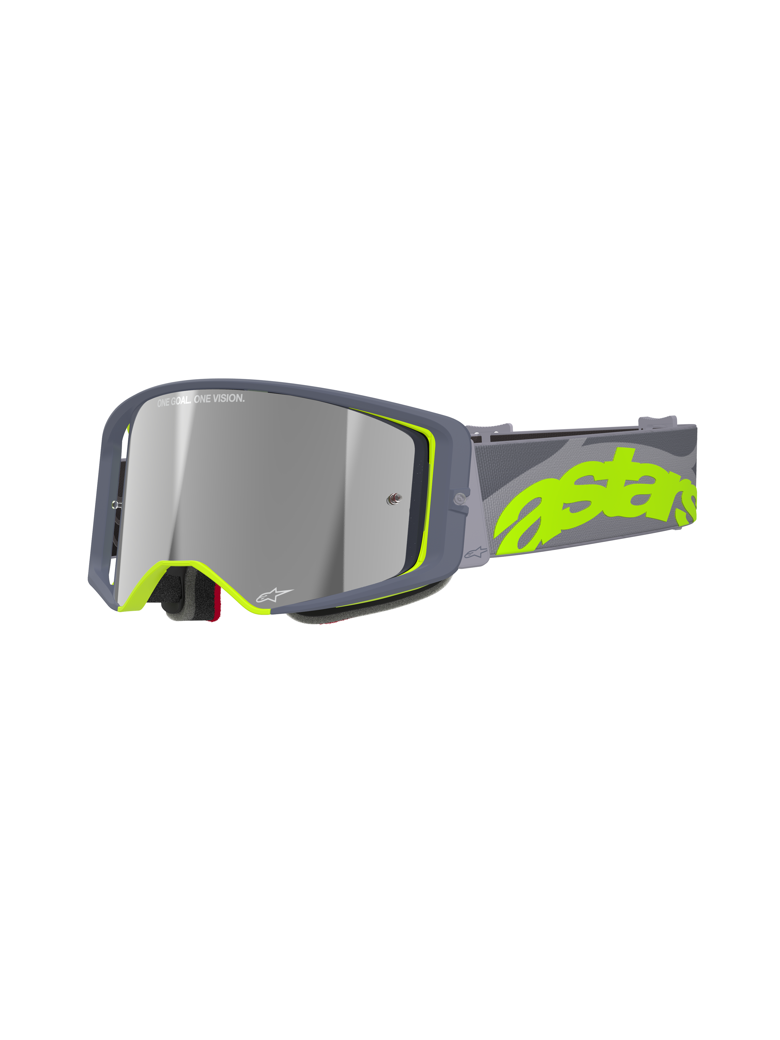 Alpinestars Supertech Stream Goggles, occhiali da motocross MX, grigio e giallo fluorescente, con lente argentata a specchio riflettente, ampia montatura angolare con imbottitura in schiuma e fascia regolabile con logo neon audace