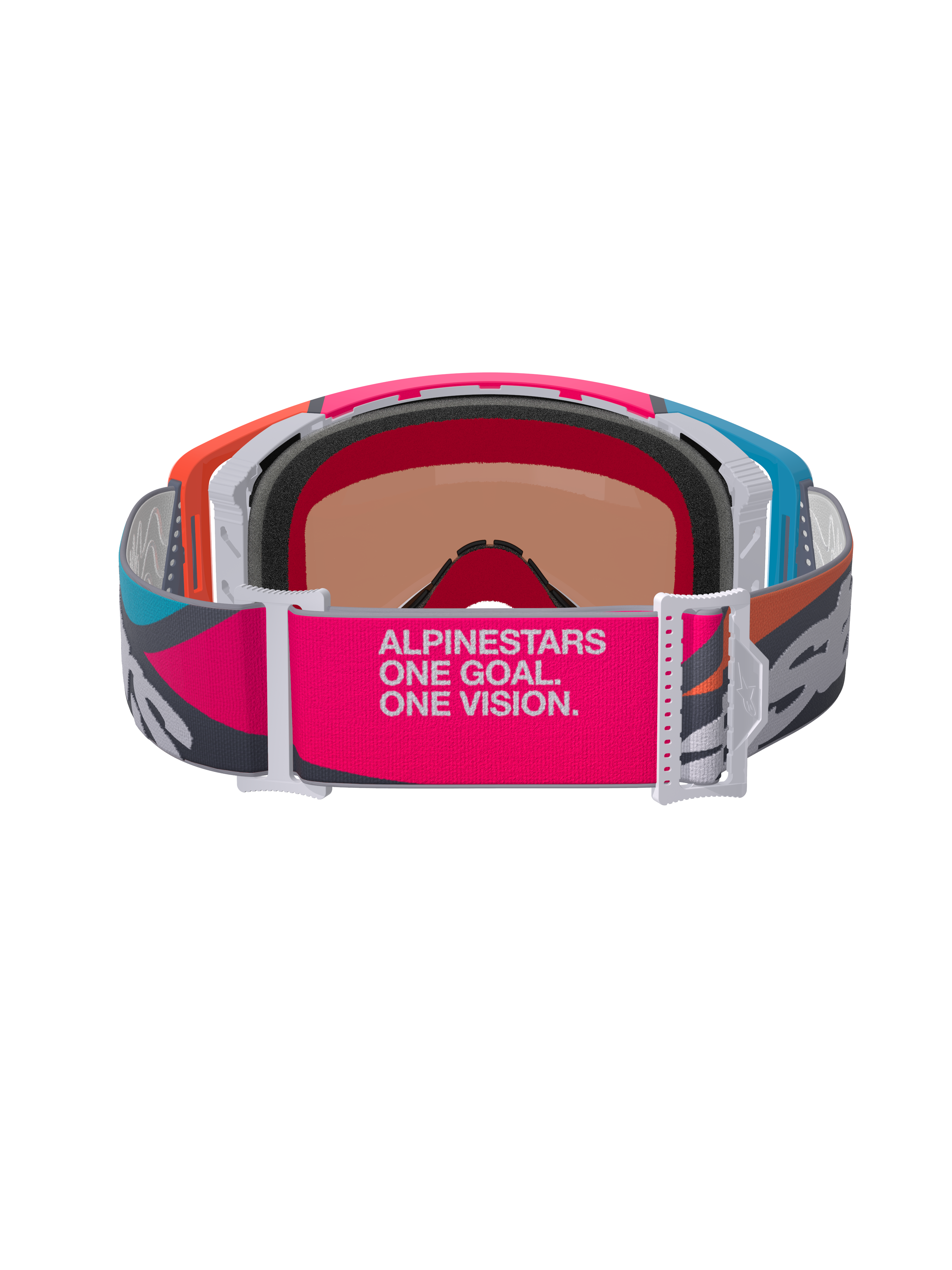 Maschere Alpinestars Supertech Stream, vista posteriore con ampio cinturino rosa e grigio e scritta 'ALPINESTARS ONE GOAL. ONE VISION.', montatura multicolore arancione e blu, schiuma facciale stampata in 3D, occhiali professionali da motocross e off-road