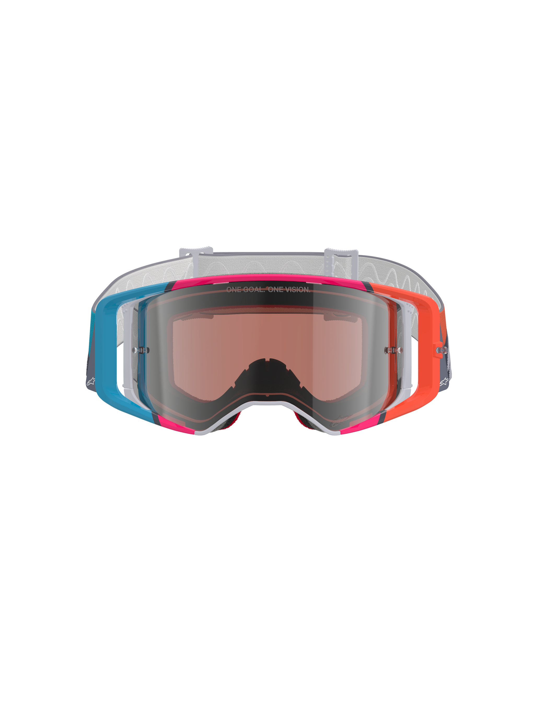 Alpinestars Supertech Stream Goggles, maschere da motocross, vivace montatura multicolore con accenti blu, arancione e rosa, lente Silver Mirror con scritta 'ONE GOAL. ONE VISION.', cinturino bianco con motivo, protezione per gli occhi ad alte prestazioni per corse fuoristrada