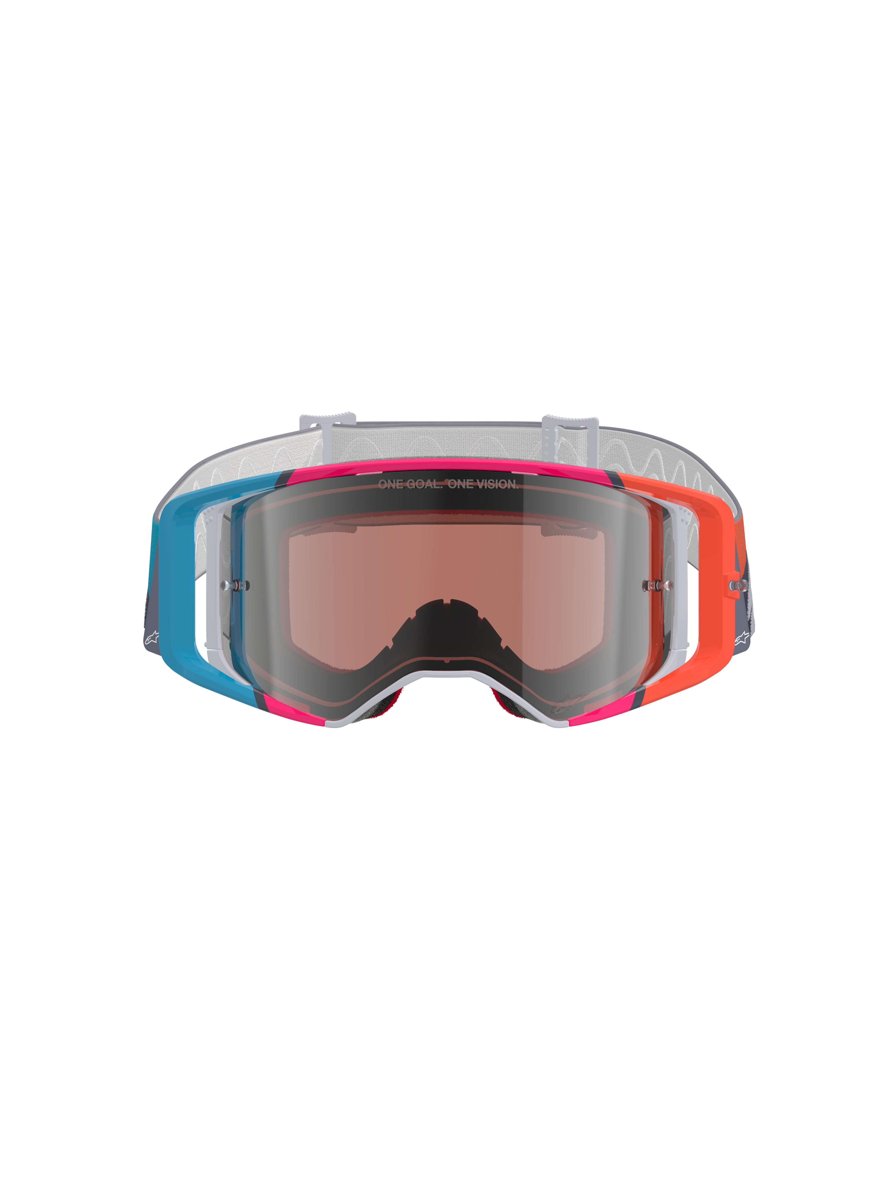 Alpinestars Supertech Stream Goggles, maschere da motocross, vivace montatura multicolore con accenti blu, arancione e rosa, lente Silver Mirror con scritta 'ONE GOAL. ONE VISION.', cinturino bianco con motivo, protezione per gli occhi ad alte prestazioni per corse fuoristrada