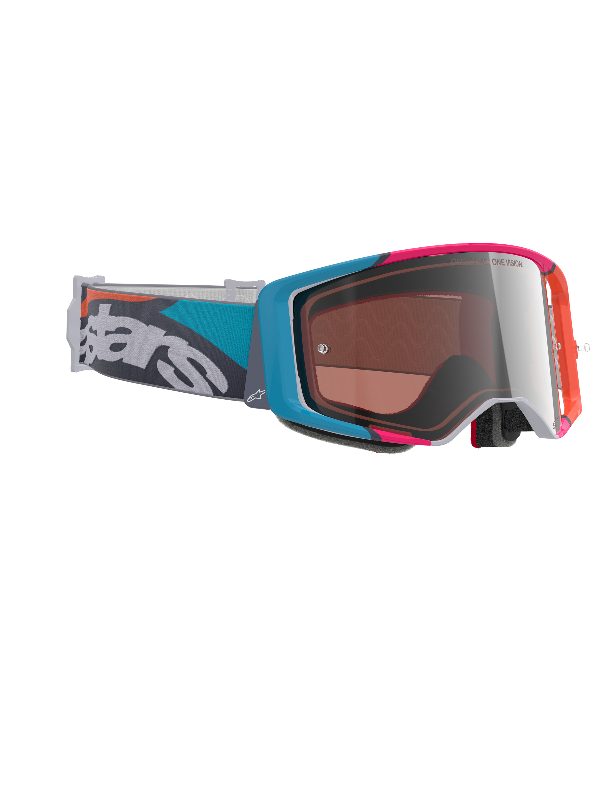 Maschere Alpinestars Supertech Stream, maschere da motocross, montatura grigia con accenti blu e rosa, lente Silver Multi Mirror, fascia teal e grigia con logo bianco, occhiali da corsa fuoristrada ad alte prestazioni