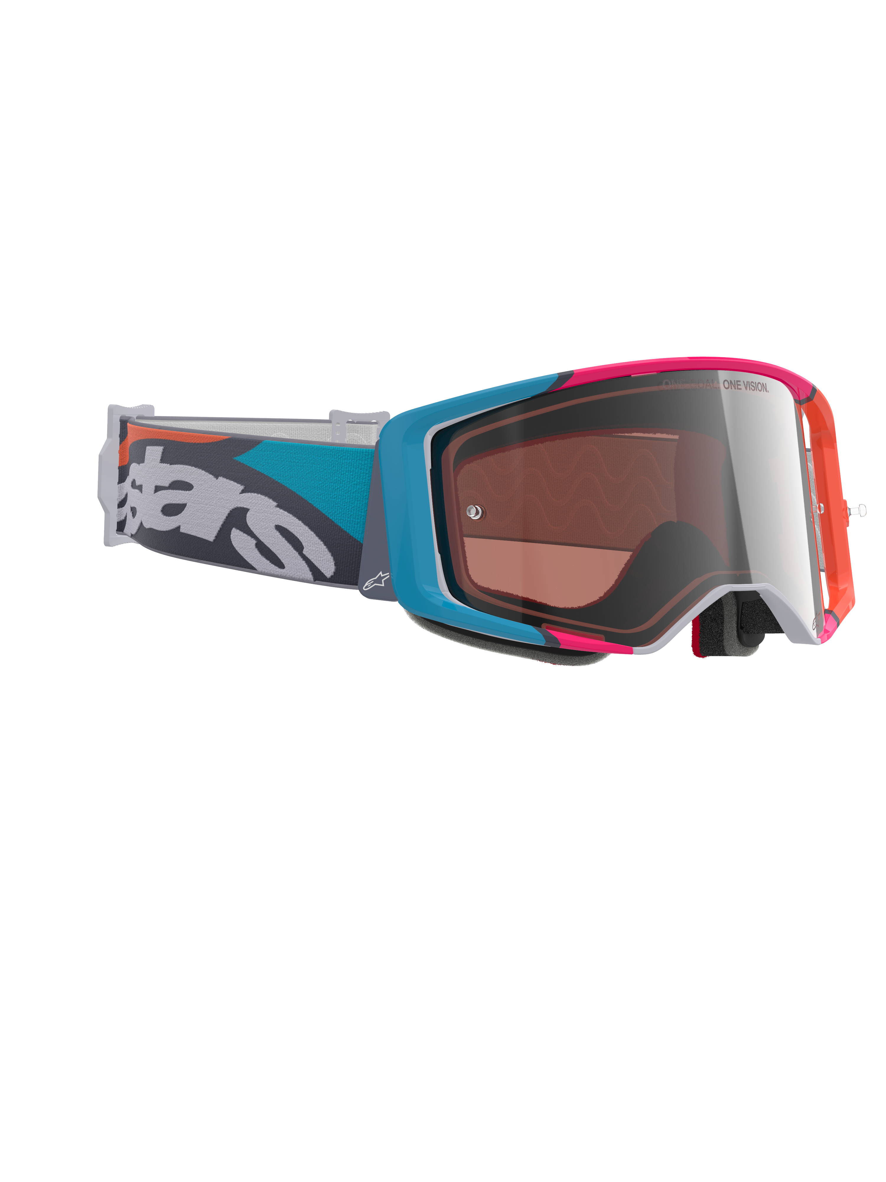 Maschere Alpinestars Supertech Stream, maschere da motocross, montatura grigia con accenti blu e rosa, lente Silver Multi Mirror, fascia teal e grigia con logo bianco, occhiali da corsa fuoristrada ad alte prestazioni
