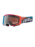 Maschere Alpinestars Supertech Stream, montatura grigia con vivaci dettagli rossi e blu, lente Multi Mirror Silver, spessa imbottitura in schiuma, fascia regolabile con logo "astars" bianco e motivi geometrici colorati, protezione professionale per motocross