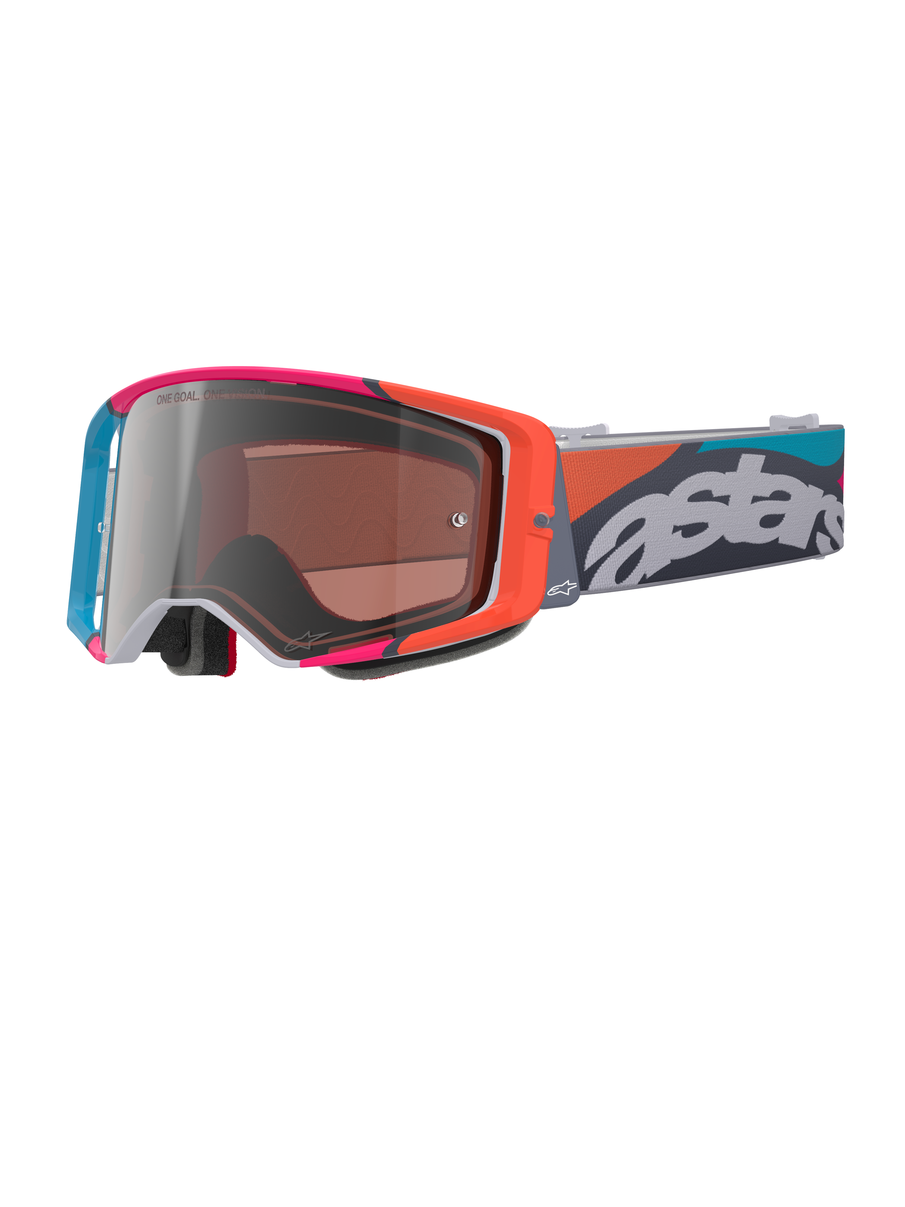 Maschere Alpinestars Supertech Stream, montatura grigia con vivaci dettagli rossi e blu, lente Multi Mirror Silver, spessa imbottitura in schiuma, fascia regolabile con logo "astars" bianco e motivi geometrici colorati, protezione professionale per motocross