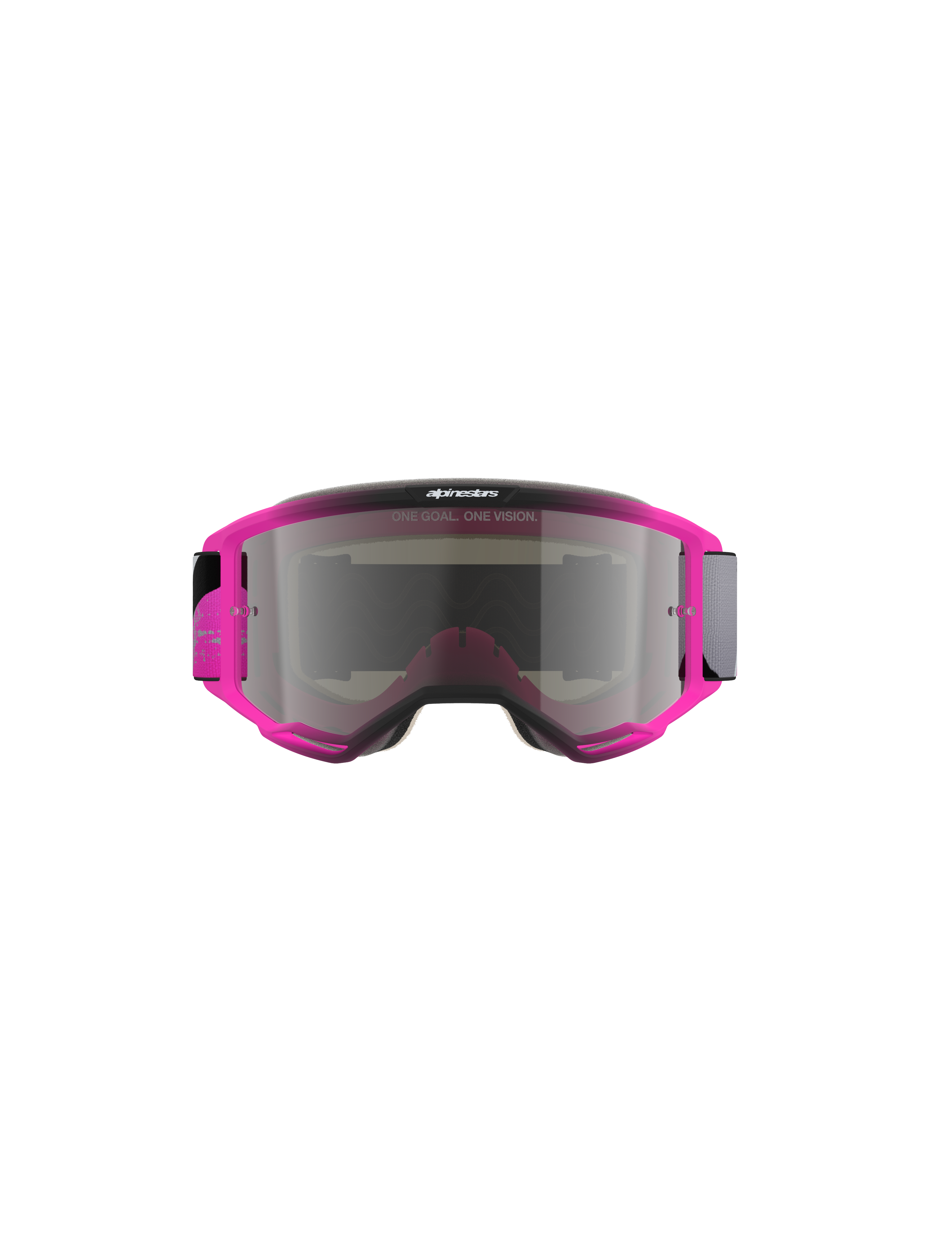 Alpinestars Vision 5 Lahnd Goggles, maschera da motocross, Iron Pink Fluo con lente Mirror Silver, montatura rosa acceso con lente a specchio argentata, presenta la scritta 'ONE GOAL. ONE VISION.', design aerodinamico per corse off-road
