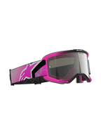 Maschera Alpinestars Vision 5 Lahnd, maschera da motocross, Iron Pink Fluo e Mirror Silver, montatura rosa acceso con lente argento specchiato, ampia fascia rosa e nera con logo Astars rosa, occhiali da corsa off-road